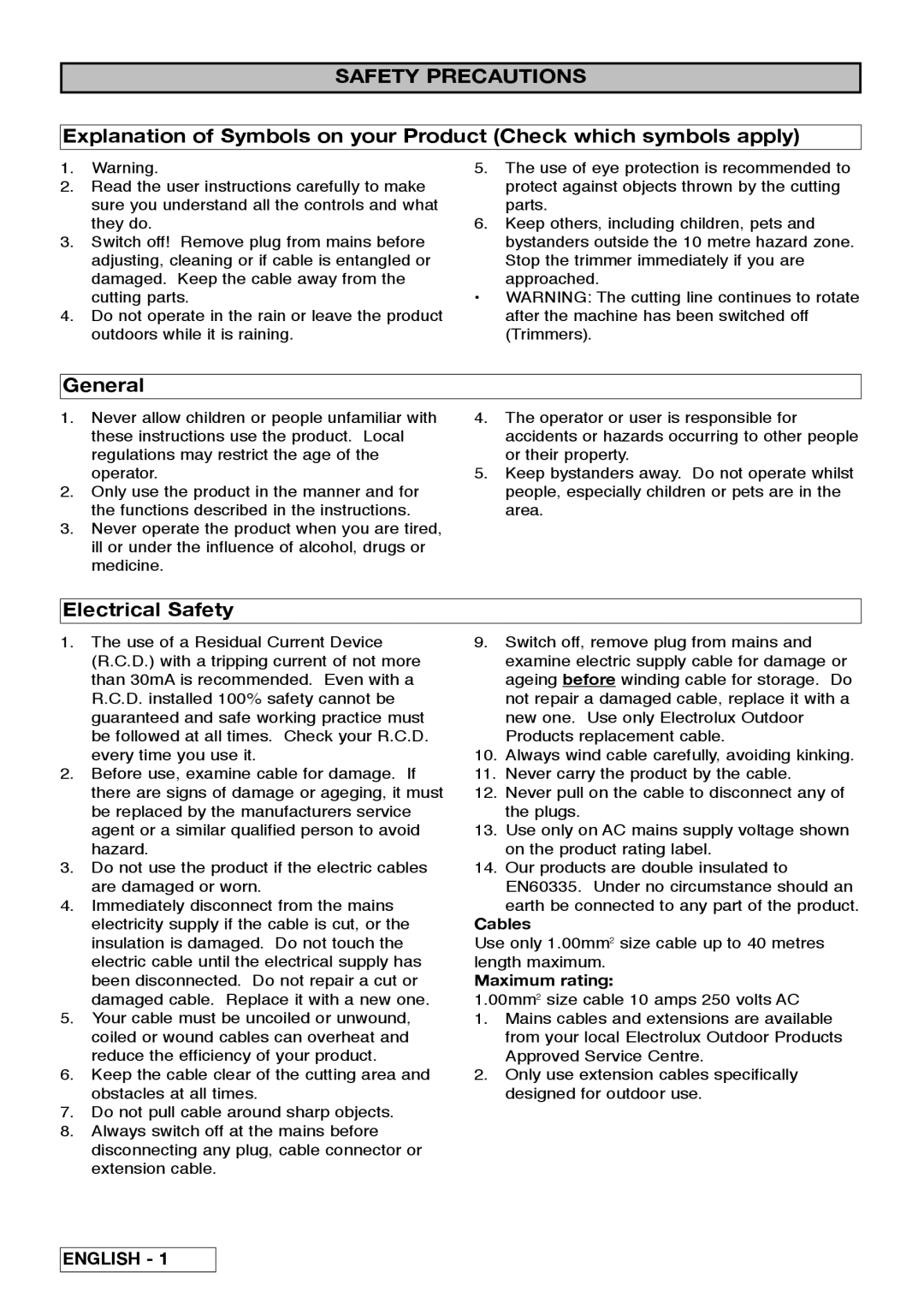 McCulloch 96481486200, 96481576200, 5119744-01 manual Safety Precautions, Cables, Maximum rating 