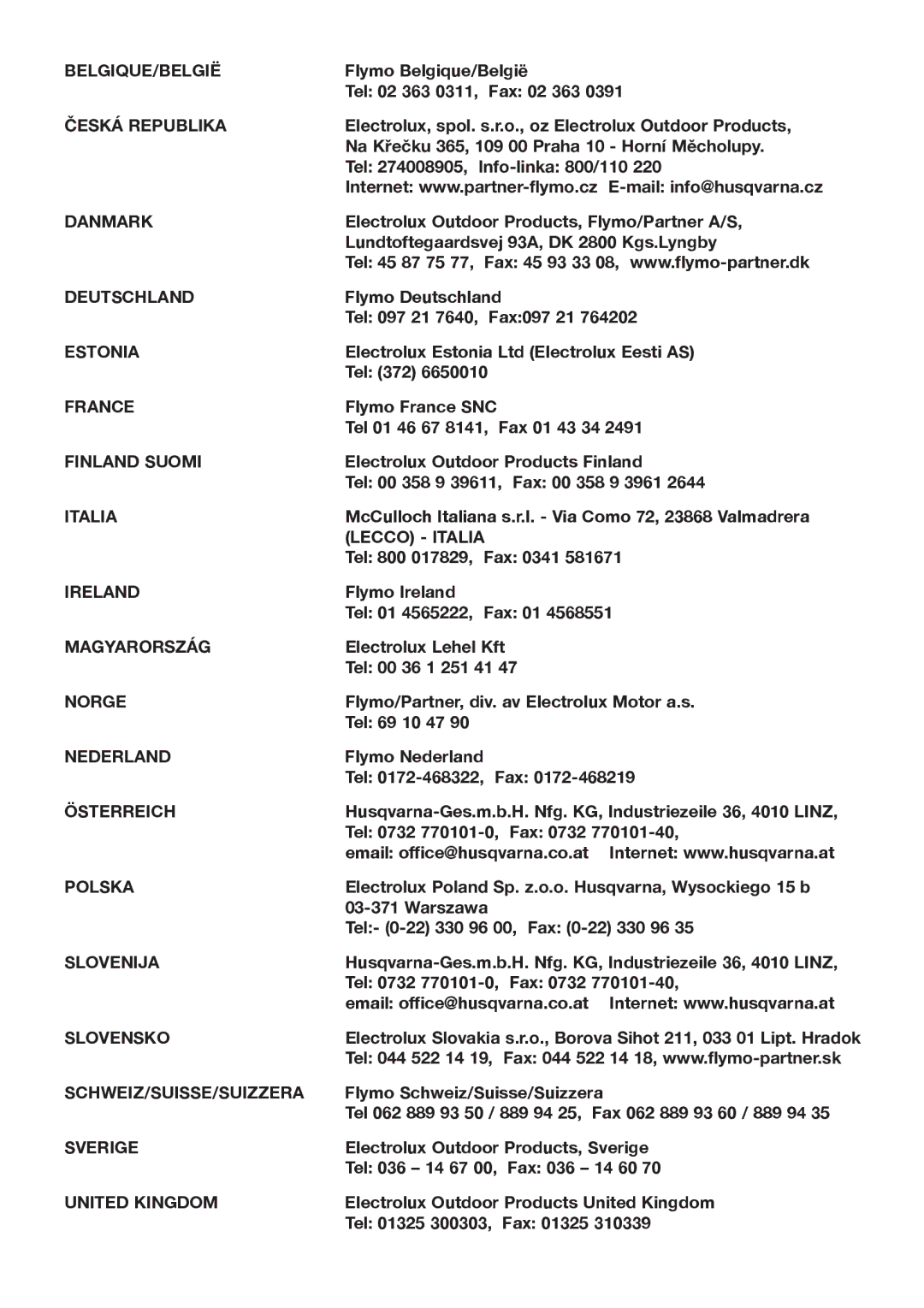 McCulloch 96481486200 manual Belgique/België, Česká Republika, Danmark, Deutschland, Estonia, France, Finland Suomi, Italia 