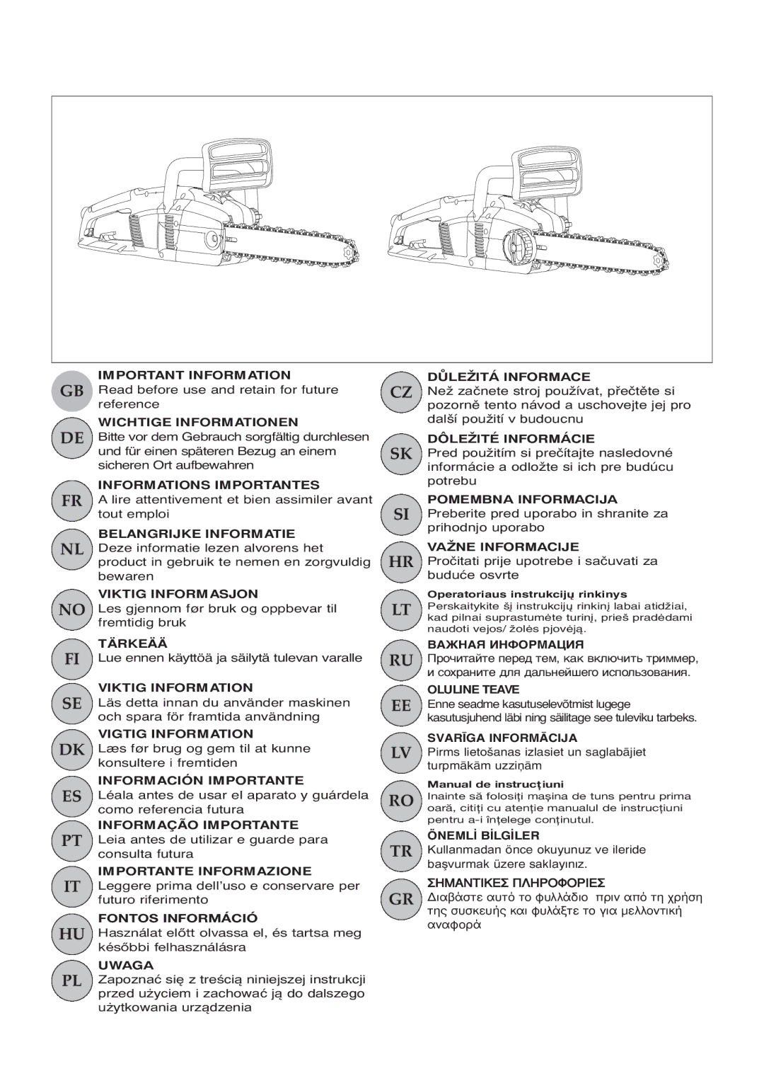 McCulloch 964830301, 964830401, Inline 1650, Inline 1800 T manual Important Information 