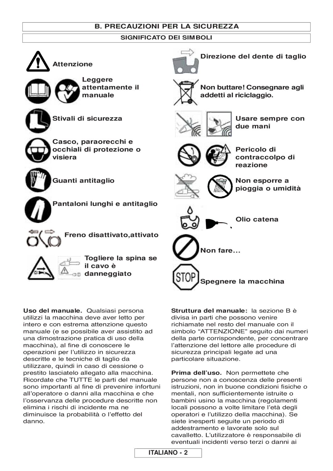 McCulloch 964830401, 964830301 manual Precauzioni PER LA Sicurezza, Direzione del dente di taglio, Significato DEI Simboli 