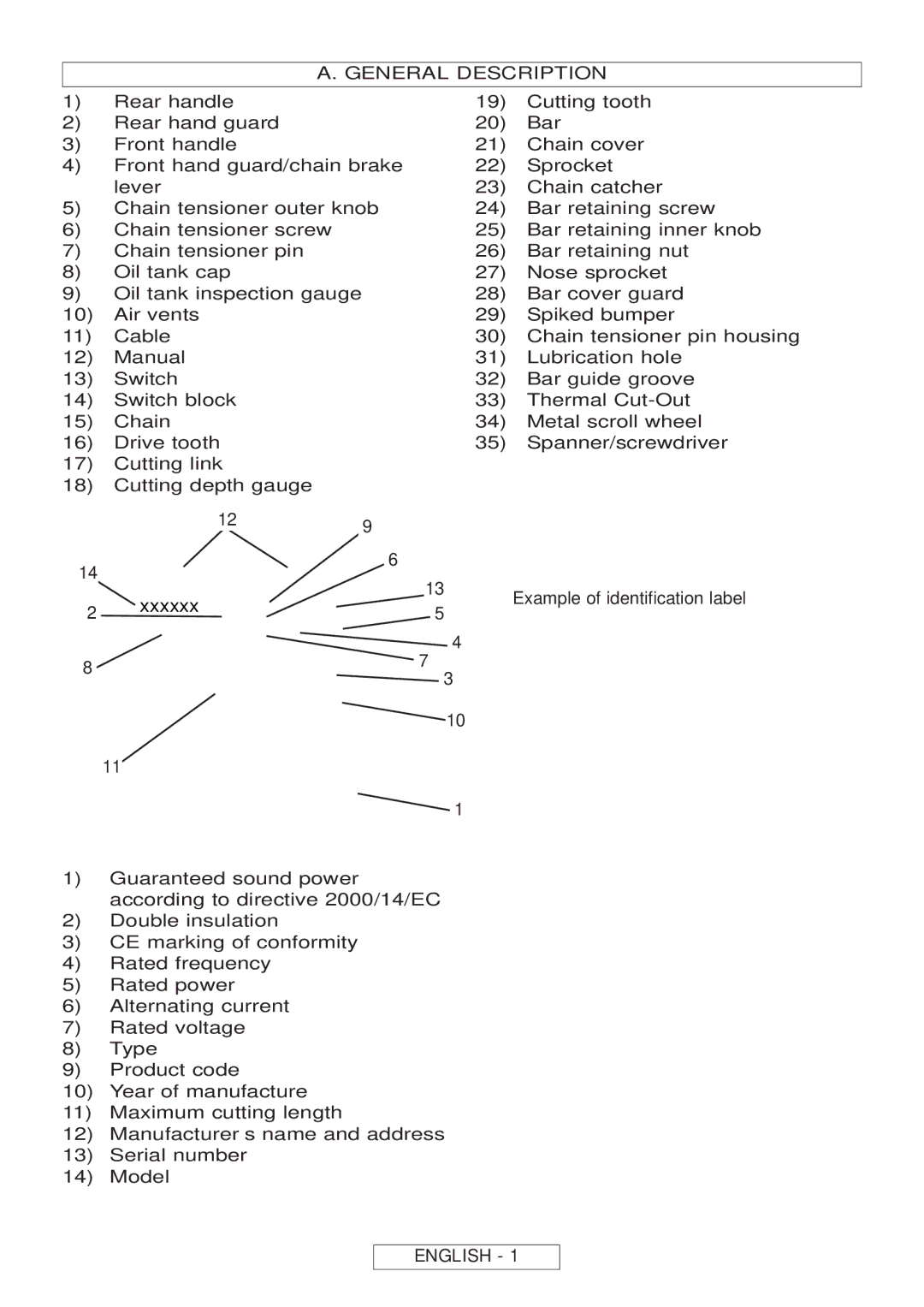 McCulloch 964830301, 964830401, Inline 1650 manual General Description, Xxxxxx Example of identification label, English 