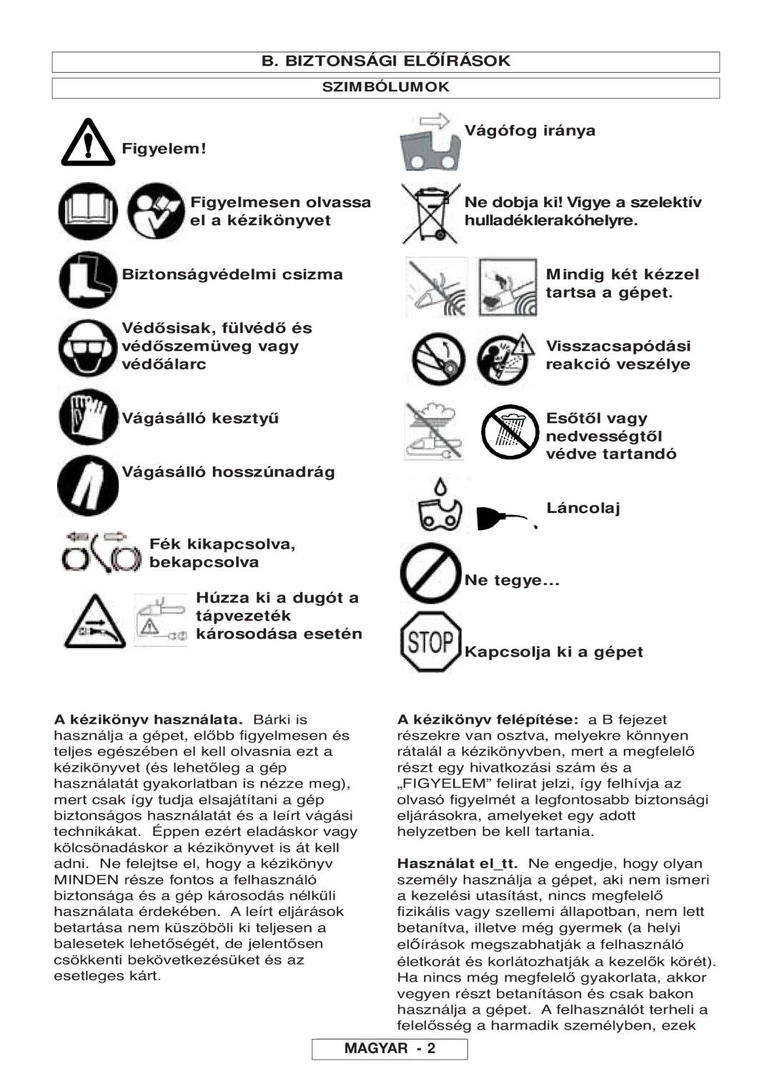 McCulloch Inline 1800 T, 964830401, 964830301, Inline 1650 manual Biztonsági Előírások, Szimbólumok 