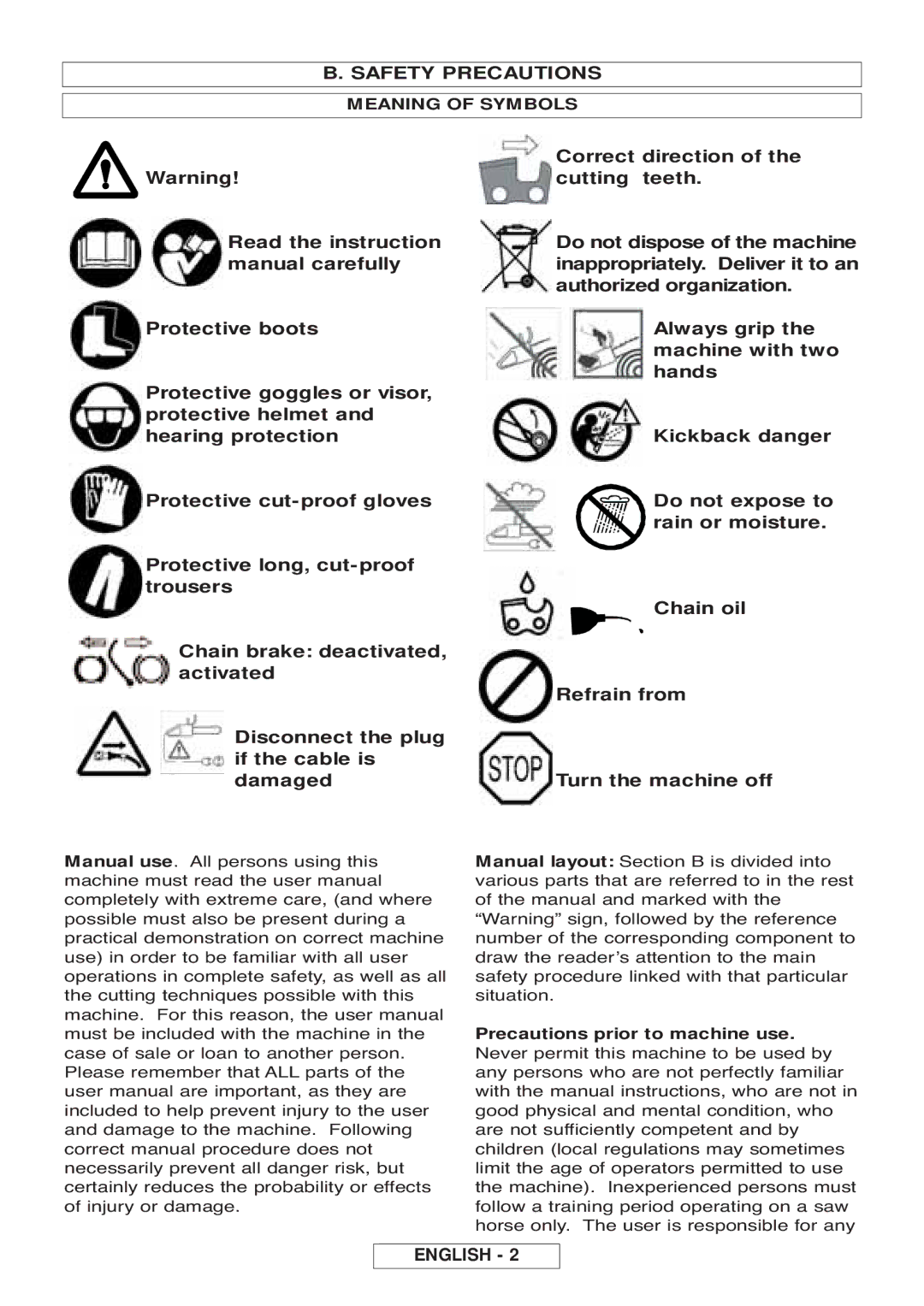 McCulloch Inline 1650, 964830401, 964830301, Inline 1800 T manual Safety Precautions, Meaning of Symbols 