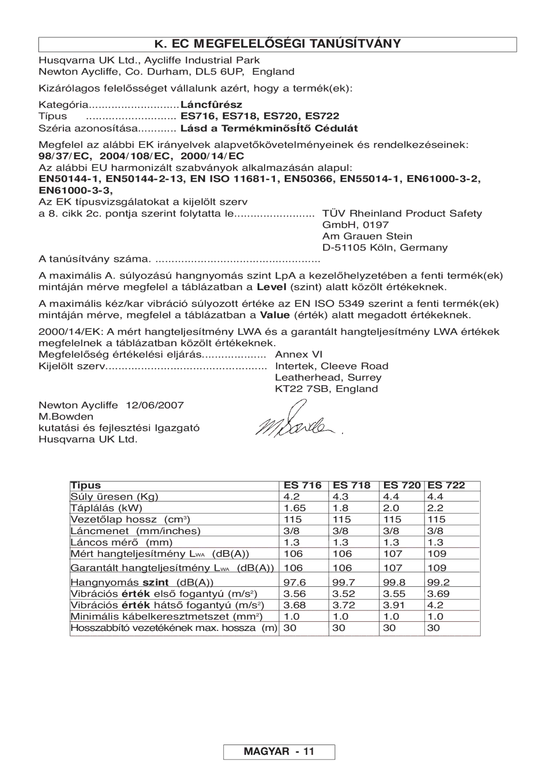 McCulloch 964830401, 964830301, Inline 1650, Inline 1800 T manual EC Megfelelőségi Tanúsítvány, Láncfûrész 