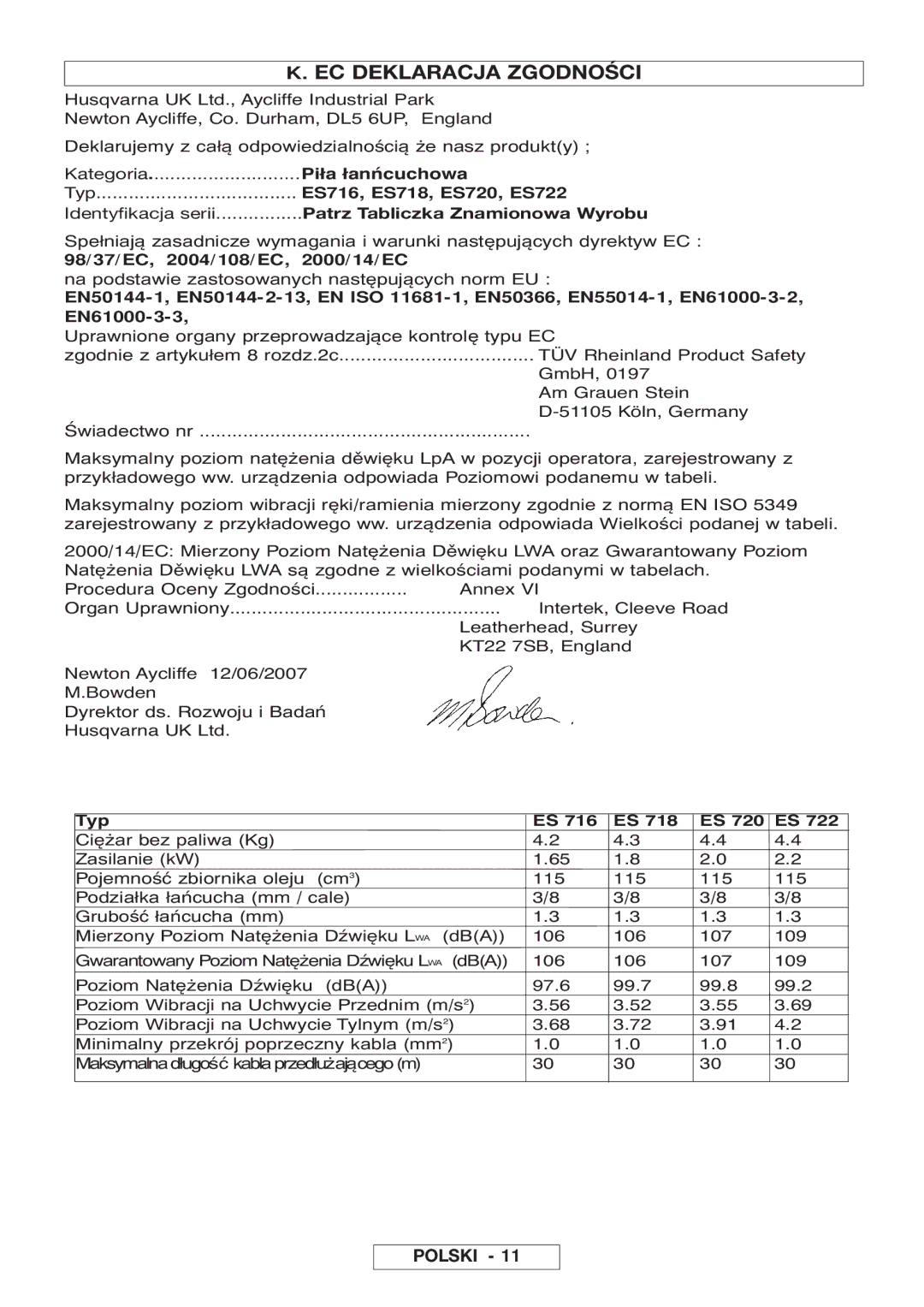 McCulloch Inline 1800 T, 964830401, 964830301, Inline 1650 manual EC Deklaracja Zgodności, Piła łanńcuchowa 