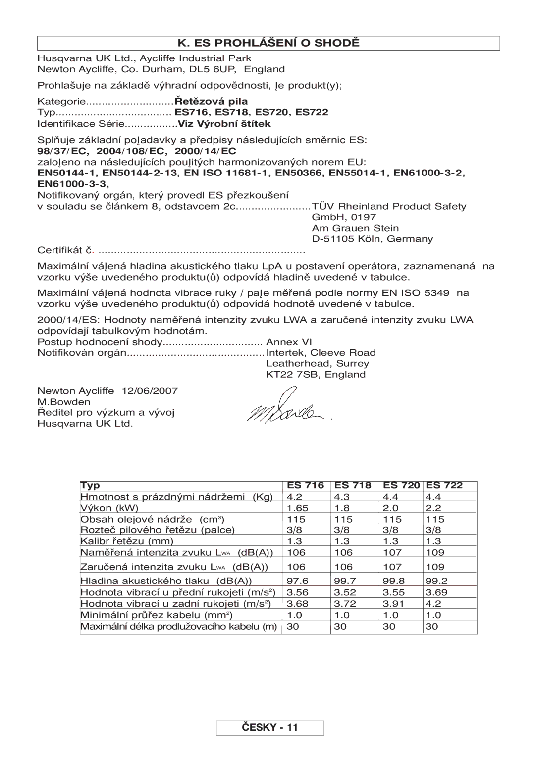 McCulloch Inline 1650, 964830401, 964830301, Inline 1800 T manual ES PROHLÁŠENĺ O Shod, Řetězová pila 