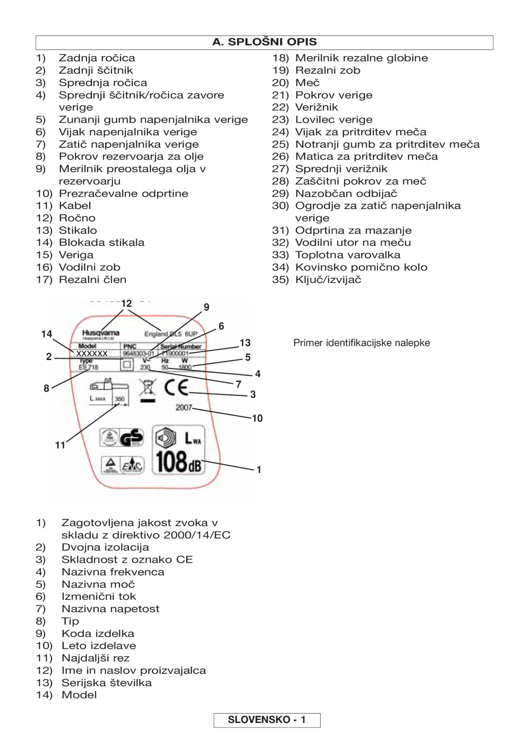 McCulloch Inline 1650, 964830401, 964830301, Inline 1800 T manual Splošni Opis, Slovensko 