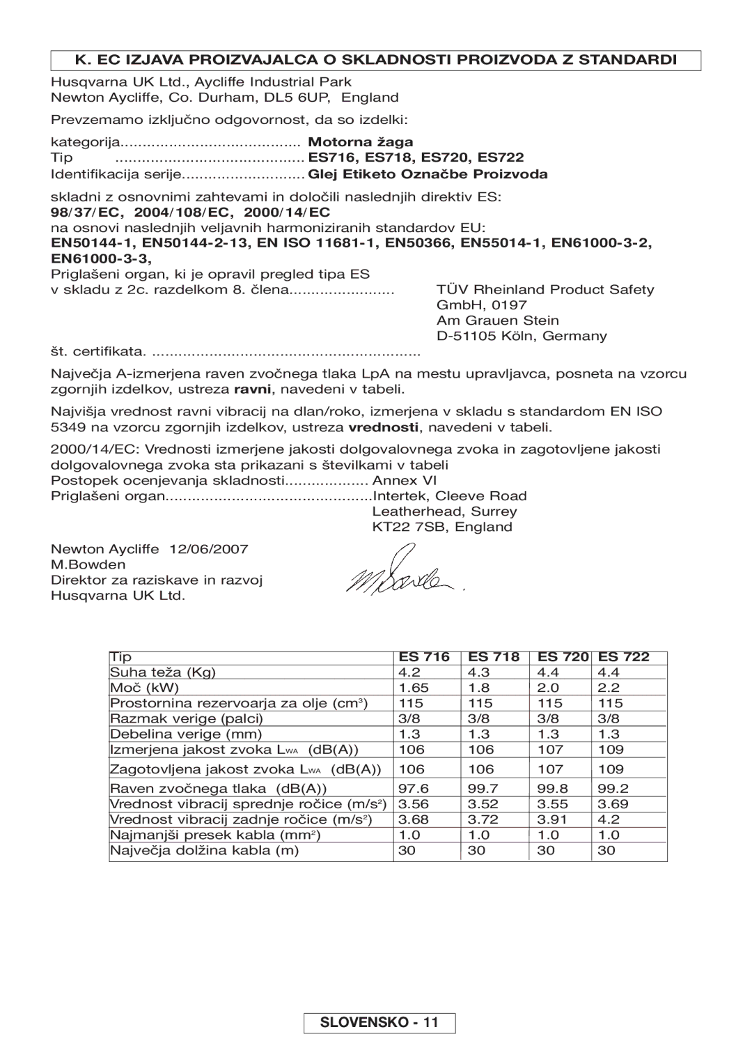 McCulloch 964830401 EC Izjava Proizvajalca O Skladnosti Proizvoda Z Standardi, Razmak verige palci Debelina verige mm 