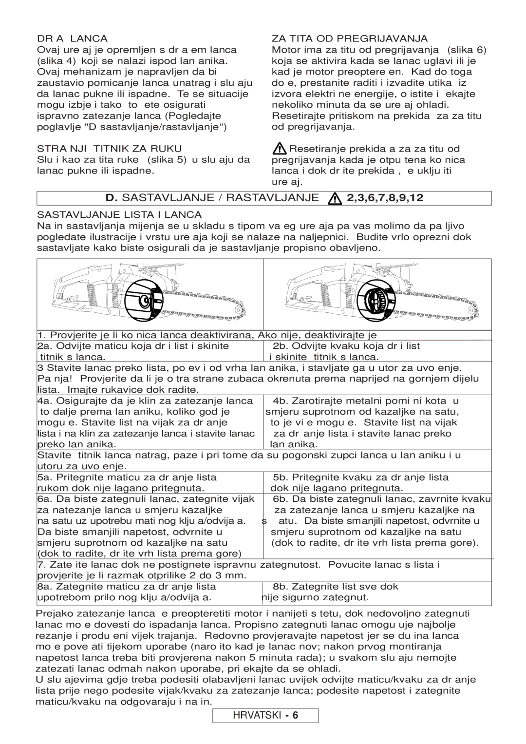 McCulloch Inline 1650, 964830401 manual Sastavljanje / Rastavljanje 2,3,6,7,8,9,12, DRžAč Lanca, STRAžNJI šTITNIK ZA Ruku 