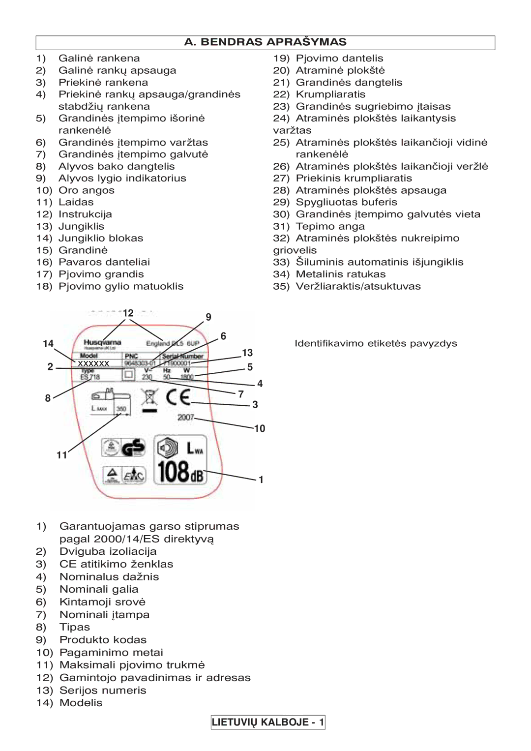 McCulloch 964830401, 964830301, Inline 1650 manual Bendras Aprašymas, LIETUVI~ Kalboje, Identifikavimo etiketės pavyzdys 