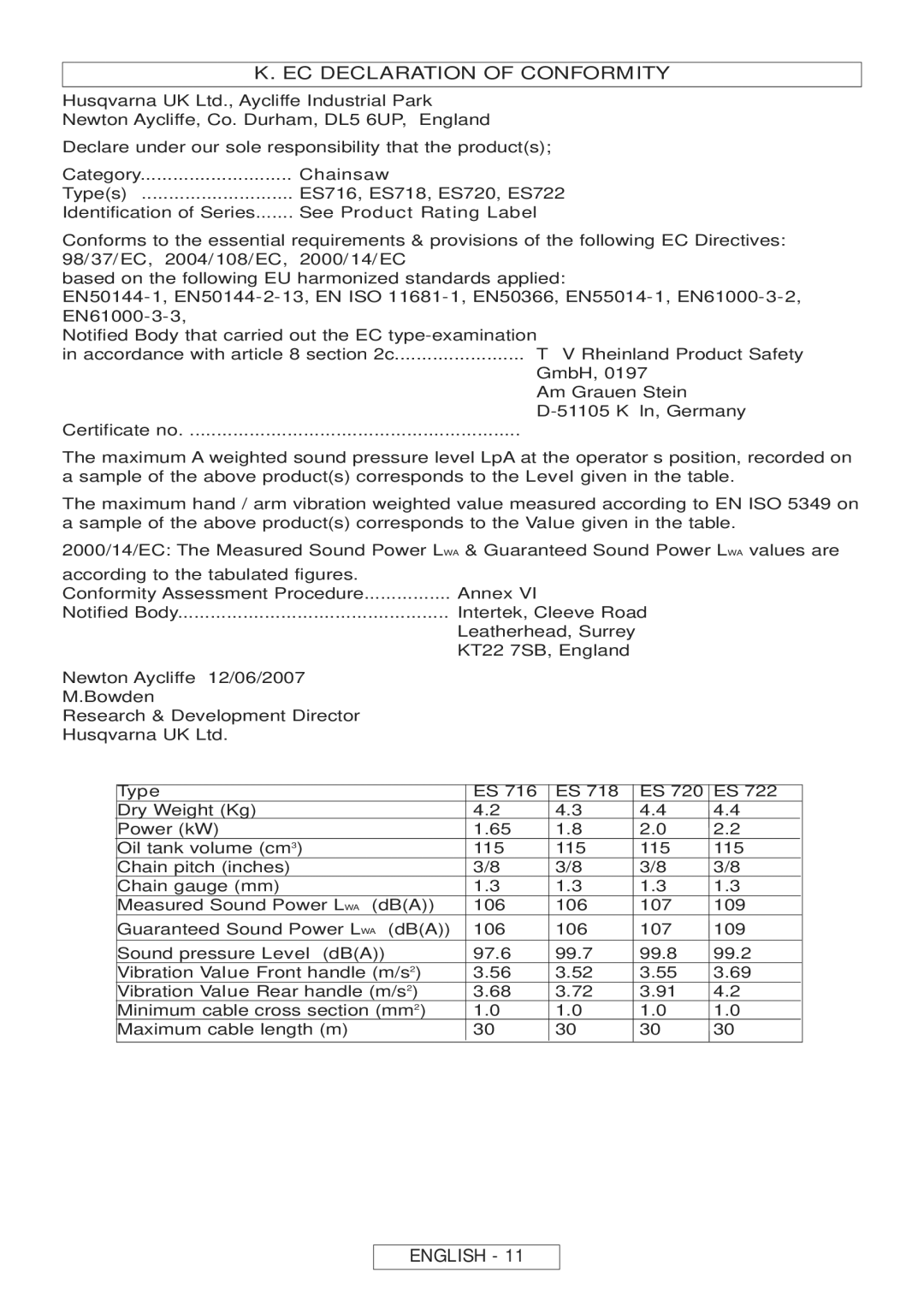 McCulloch Inline 1800 T, 964830401, 964830301, Inline 1650 manual EC Declaration of Conformity, Type 