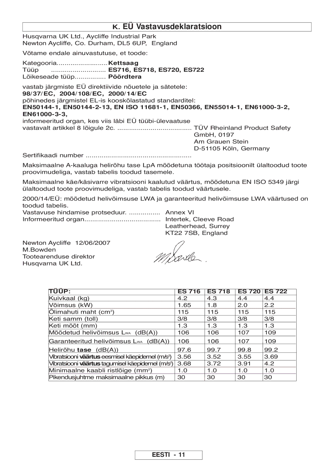 McCulloch 964830401, 964830301, Inline 1650, Inline 1800 T manual EÜ Vastavusdeklaratsioon 