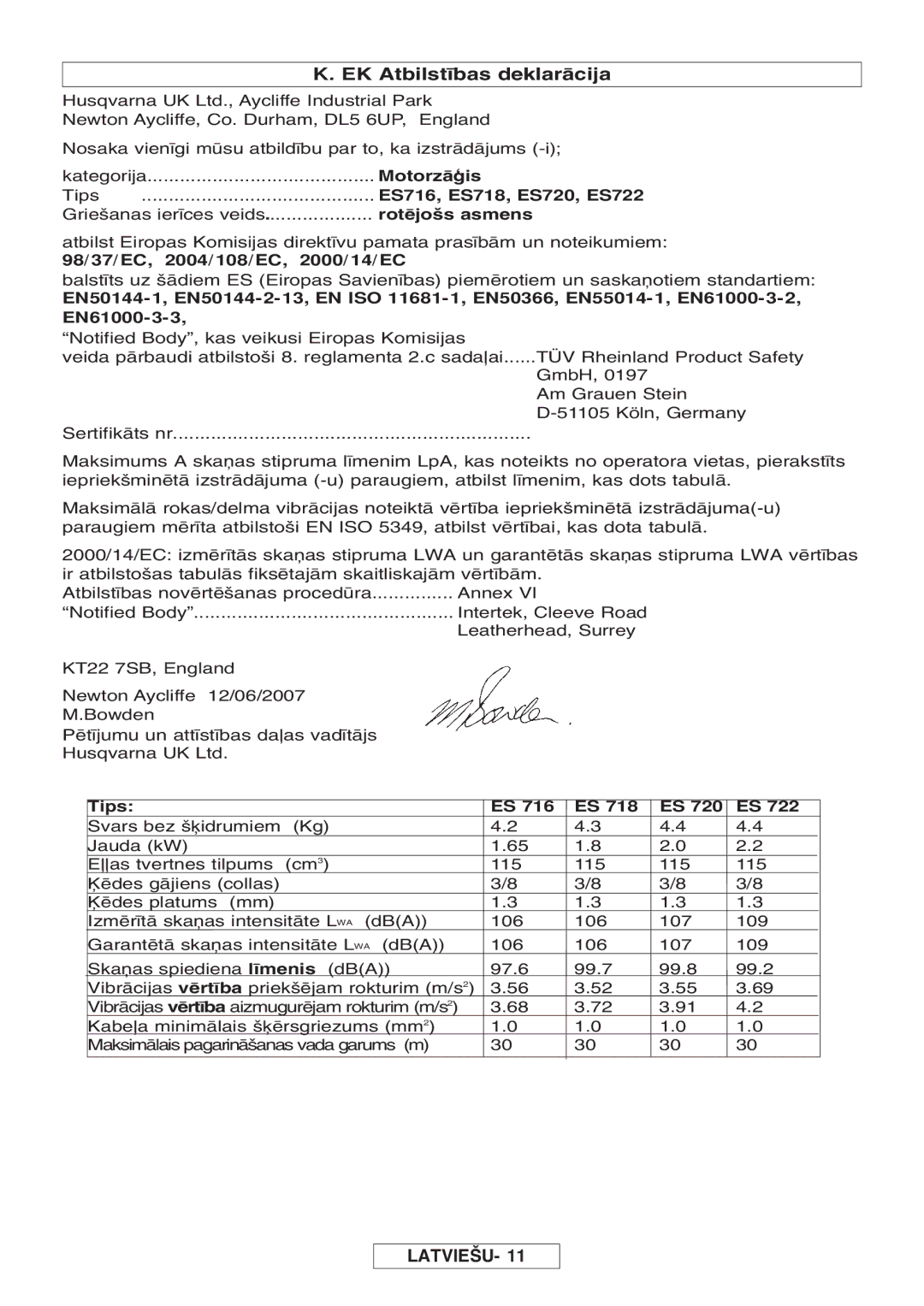 McCulloch Inline 1800 T, 964830401, 964830301, Inline 1650 EK Atbilstœbas deklarcija, Ptœjumu un attœstœbas da±as vadœtjs 