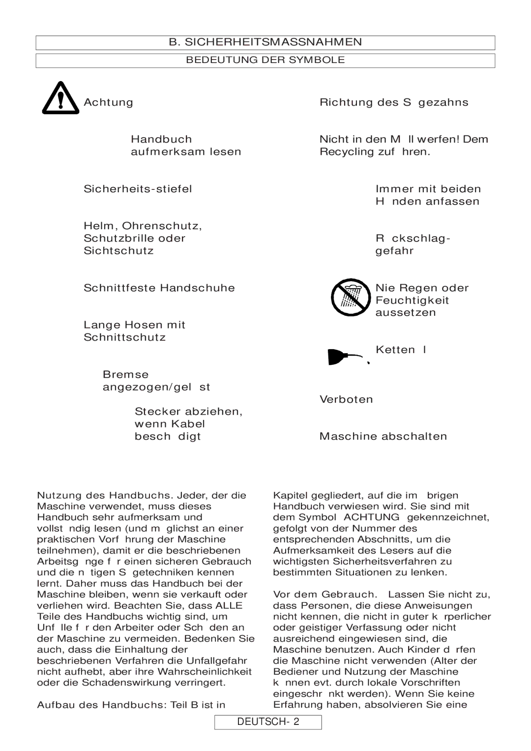 McCulloch 964830301, 964830401, Inline 1650, Inline 1800 T manual Sicherheitsmassnahmen, Bedeutung DER Symbole 