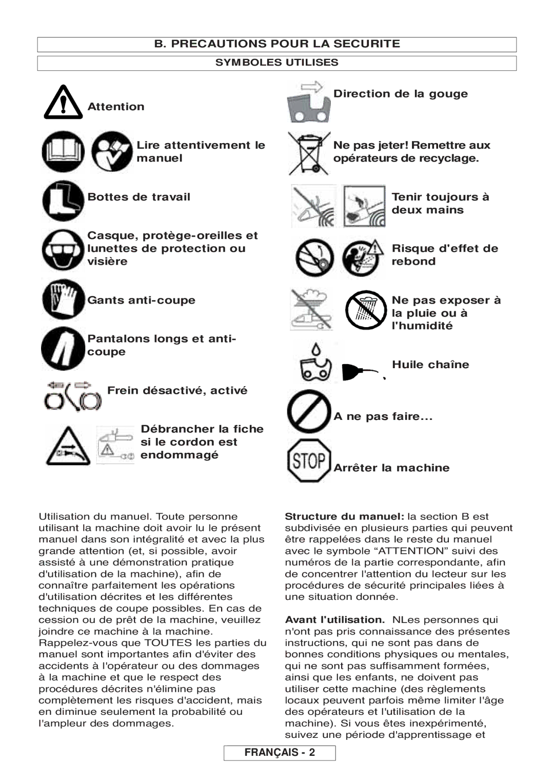 McCulloch 964830401, 964830301, Inline 1650, Inline 1800 T manual Precautions Pour LA Securite, Symboles Utilises 