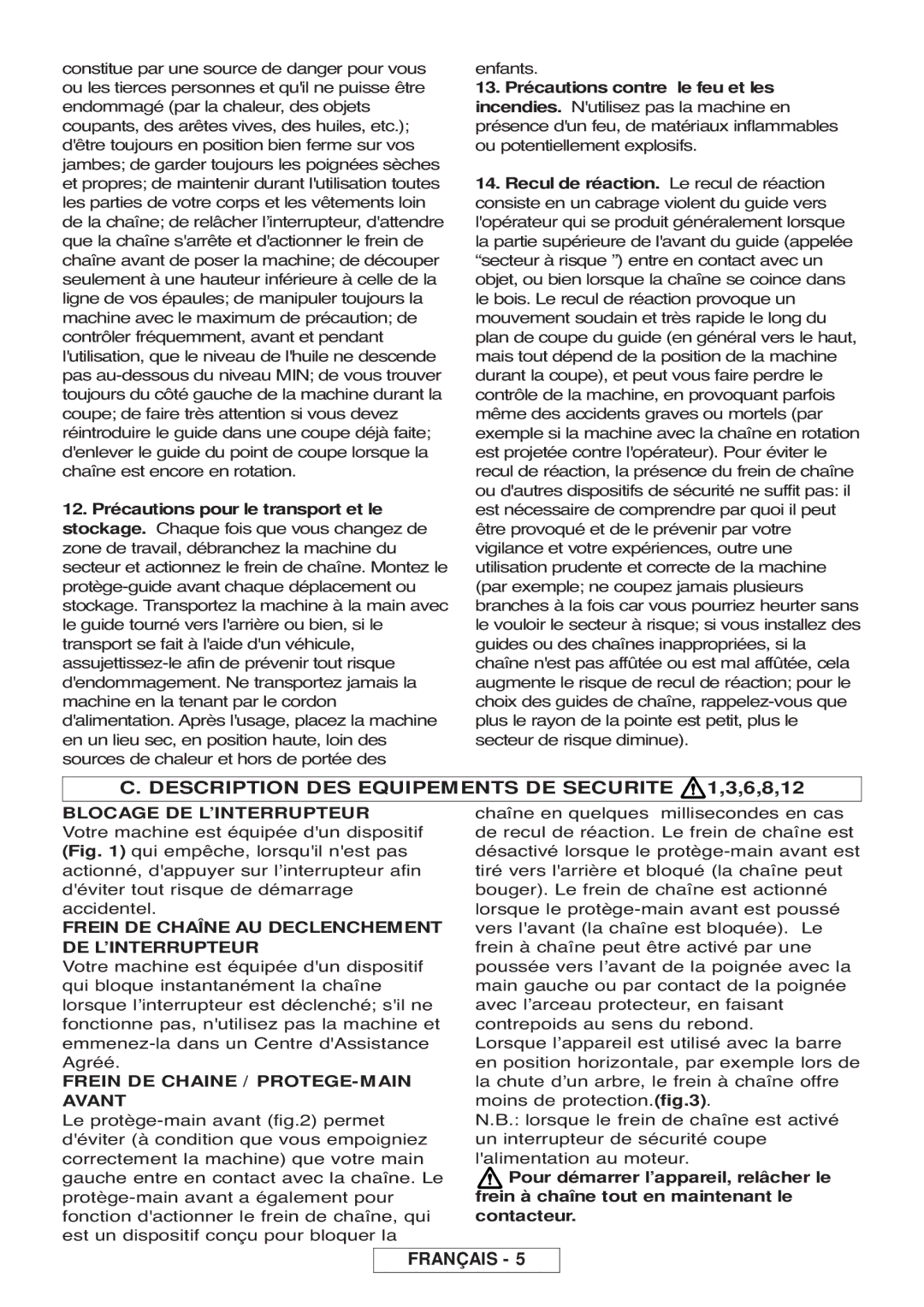 McCulloch Inline 1800 T manual Description DES Equipements DE Securite 1,3,6,8,12, Frein DE Chaine / PROTEGE-MAIN Avant 