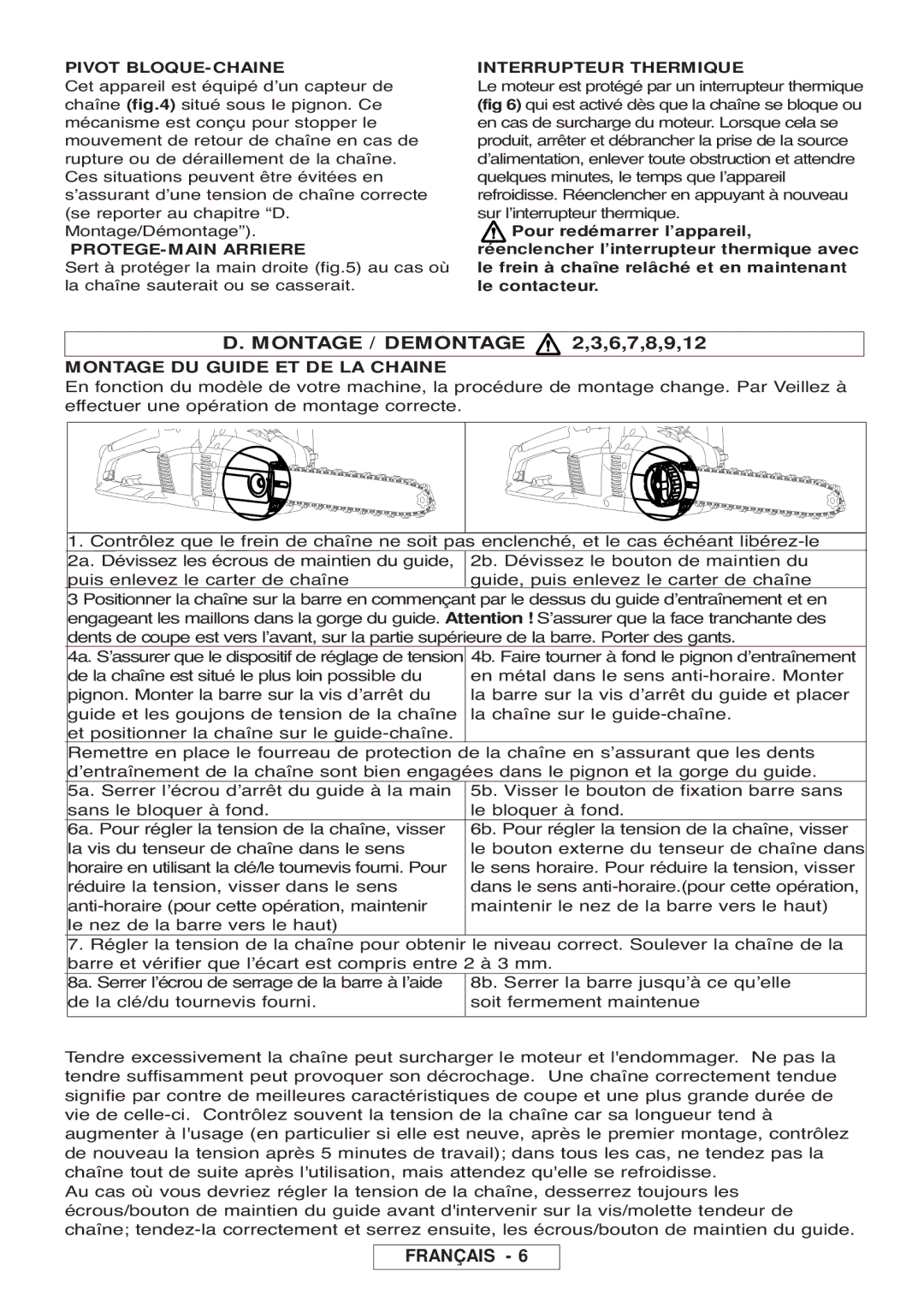 McCulloch 964830401, 964830301, Inline 1650 manual Montage / Demontage 2,3,6,7,8,9,12, Montage DU Guide ET DE LA Chaine 