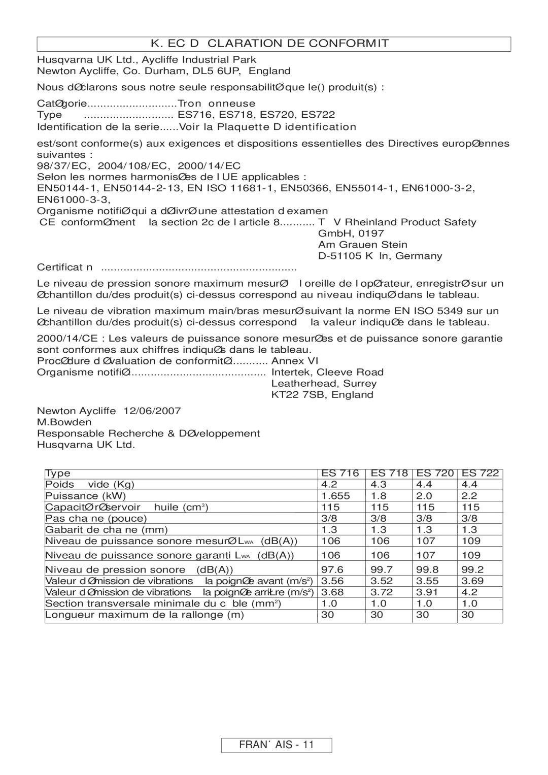 McCulloch 964830301, 964830401, Inline 1650, Inline 1800 T manual EC Déclaration DE Conformité, Pas chaîne pouce 