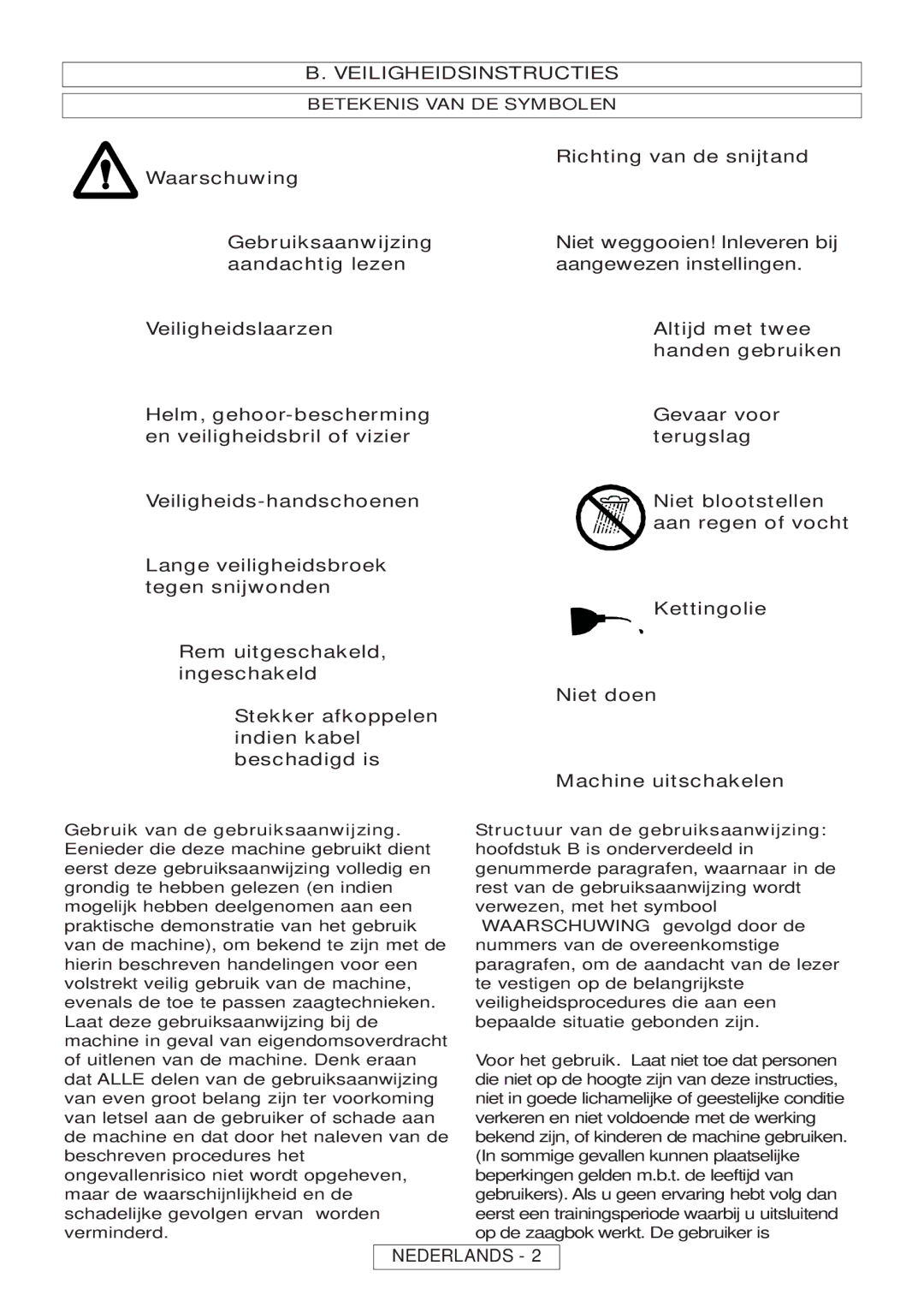 McCulloch Inline 1800 T, 964830401, 964830301 Veiligheidsinstructies, Richting van de snijtand, Betekenis VAN DE Symbolen 