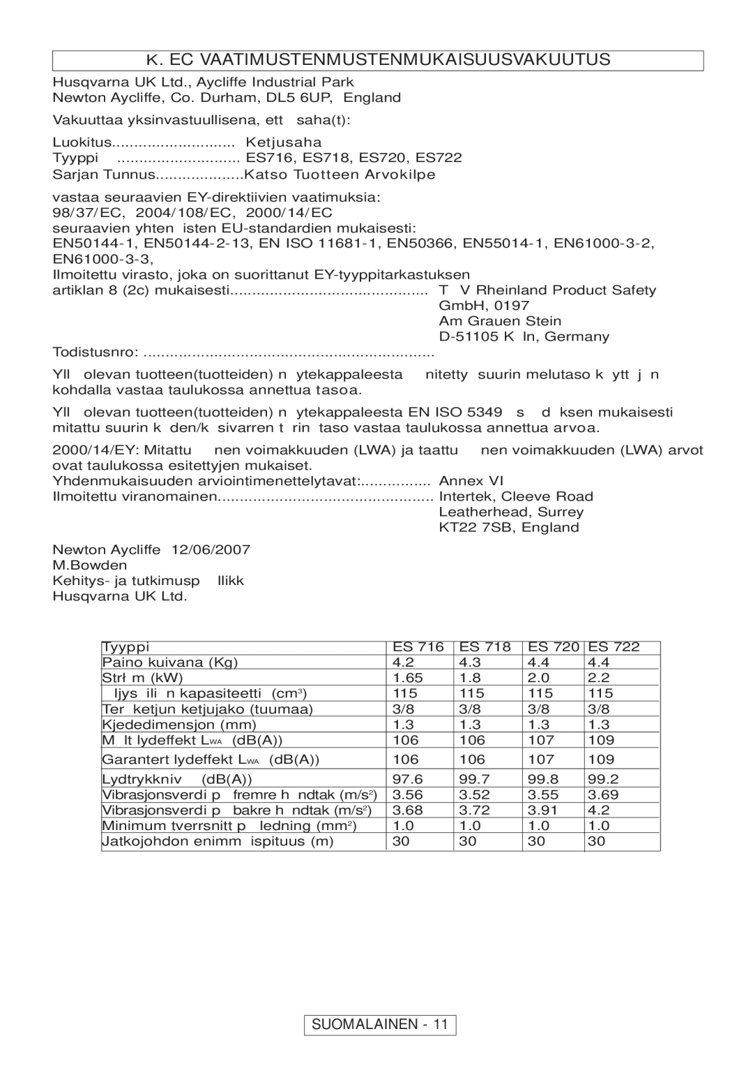 McCulloch Inline 1650, 964830401, 964830301, Inline 1800 T manual EC Vaatimustenmustenmukaisuusvakuutus 