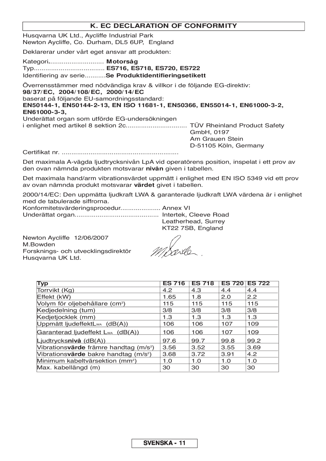 McCulloch 964830301 K. Ec Declaration Of Conformity, Svenska, Torrvikt Kg, Volym för oljebehållare cm3, Kedjedelning tum 