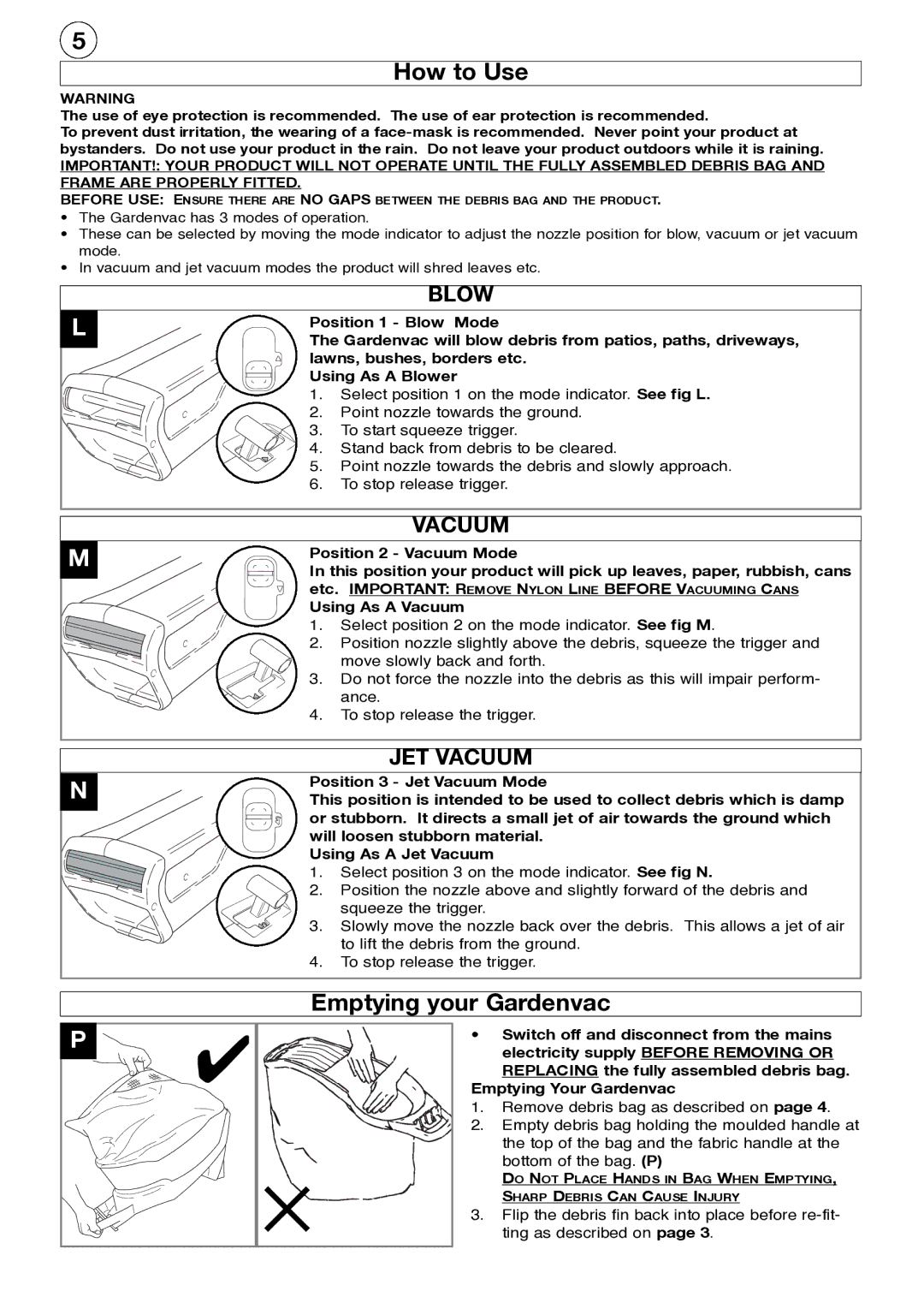 McCulloch 96486380100, 1600W manual How to Use, Emptying your Gardenvac, Position 2 Vacuum Mode 