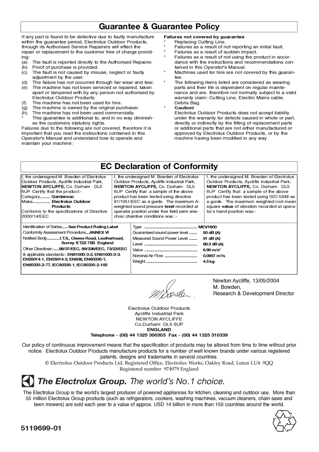 McCulloch 96486380100, 1600W manual Guarantee & Guarantee Policy, EC Declaration of Conformity 