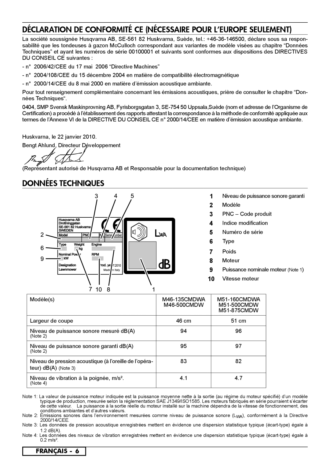 McCulloch 966531901, 966531801, 966489001, 966485901, 966532001 instruction manual Données Techniques 