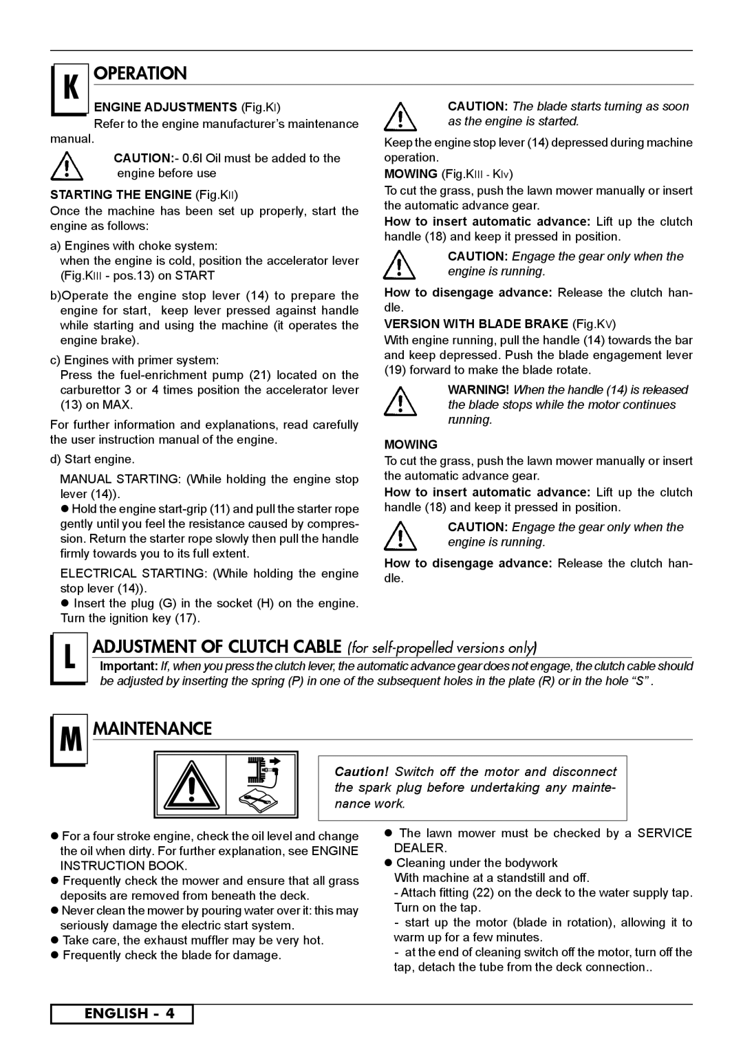 McCulloch 966531801, 966531901 Operation, Maintenance, Engine Adjustments Fig.KI, Starting the Engine Fig.KII, Mowing 