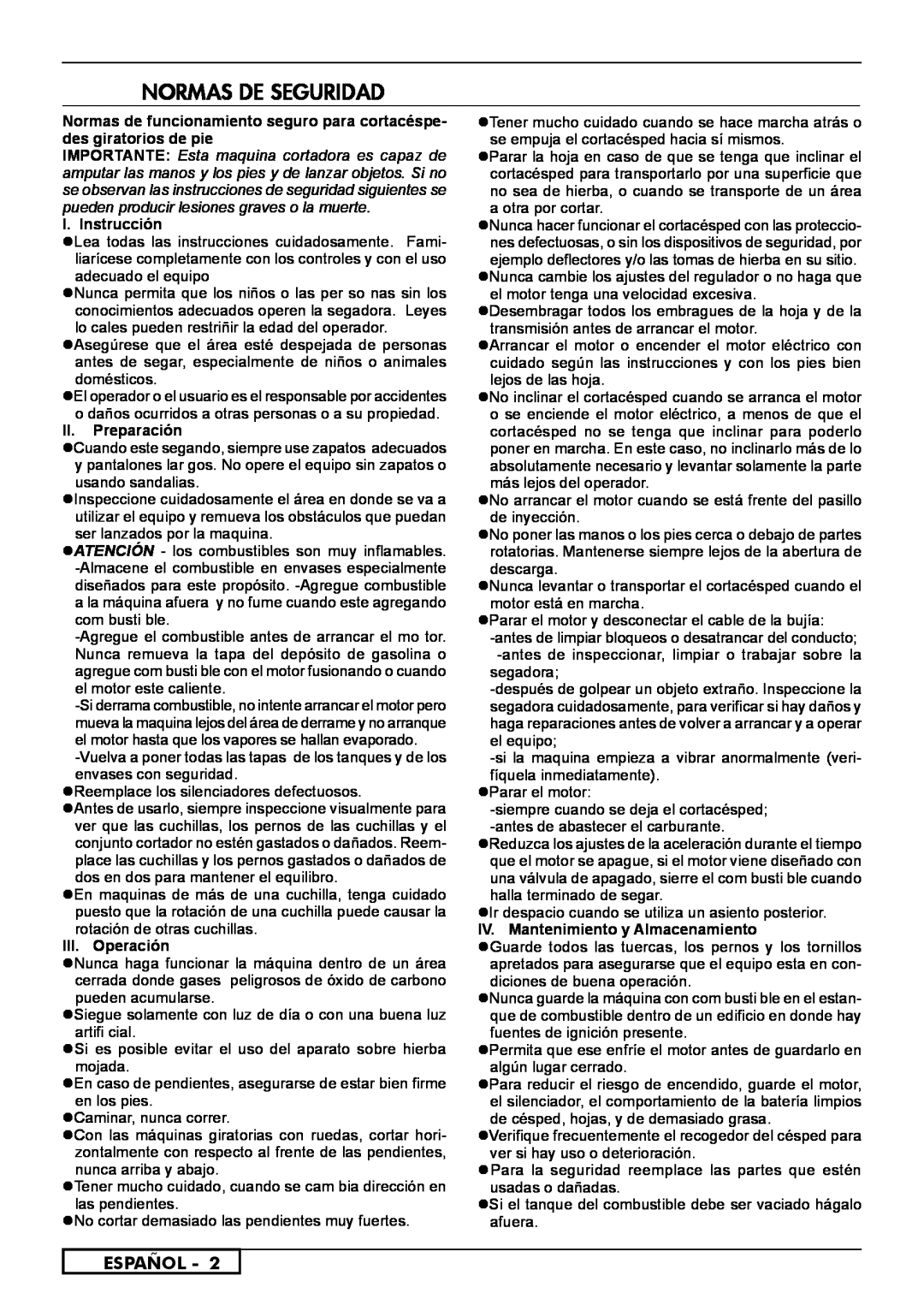 McCulloch 966489001, 966531901, 966531801 Normas De Seguridad, Español, I. Instrucción, II.Preparación, III. Operación 