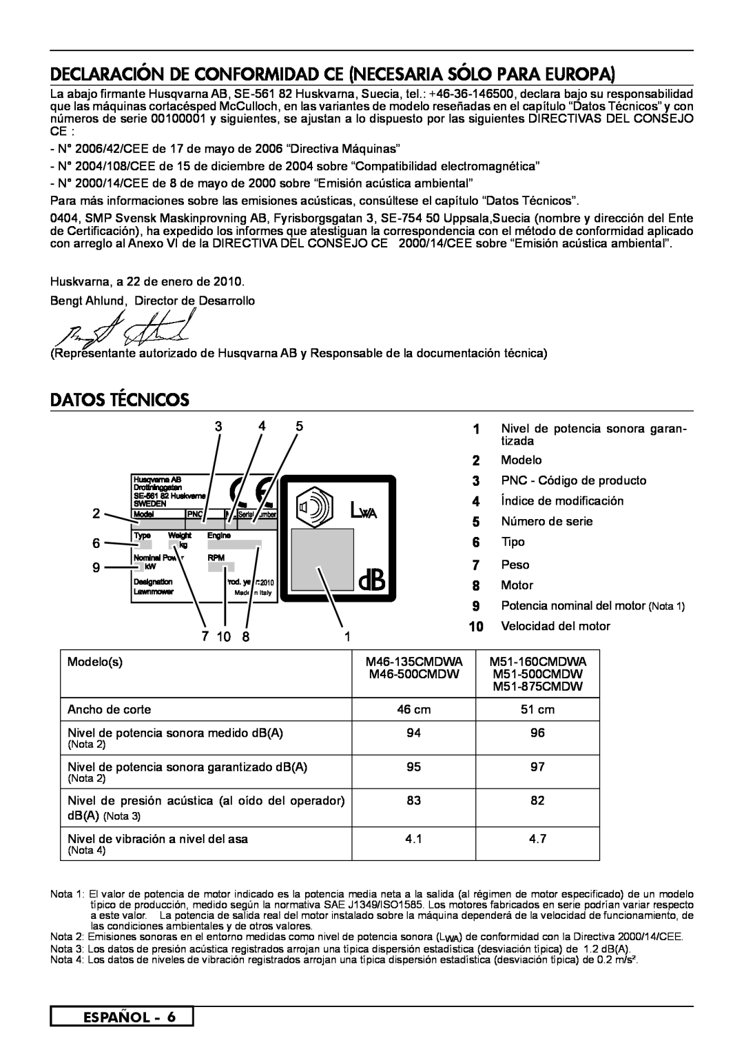 McCulloch 966531801, 966531901, 966489001, 966485901, 966532001 instruction manual Datos Técnicos, Español 