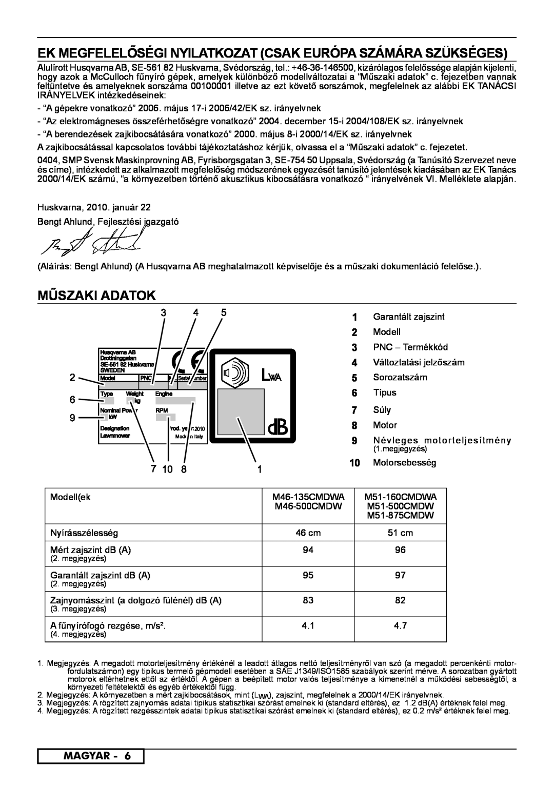 McCulloch 966532001, 966531901, 966531801, 966489001, 966485901 instruction manual Műszaki Adatok, Magyar 