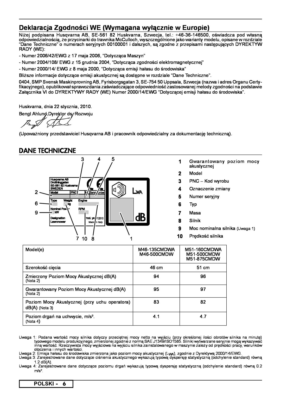 McCulloch 966485901, 966531901, 966531801, 966489001, 966532001 instruction manual Dane Techniczne, Polski 