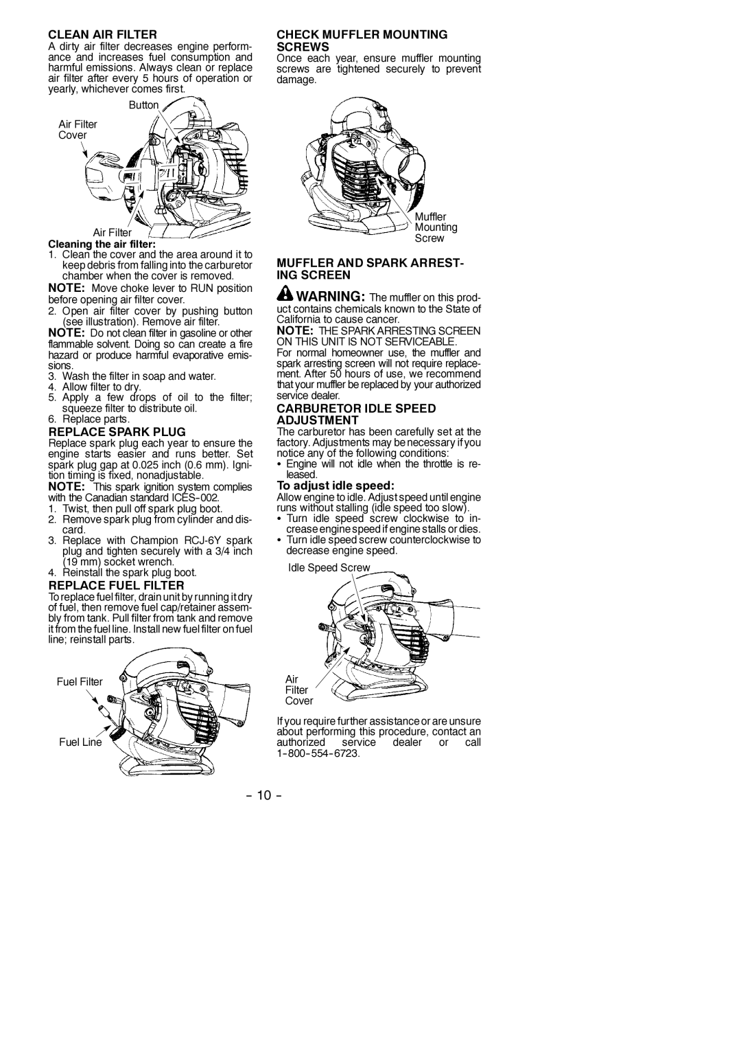 McCulloch MC200VS, 966625101 Clean AIR Filter, Replace Spark Plug, Replace Fuel Filter, Check Muffler Mounting Screws 