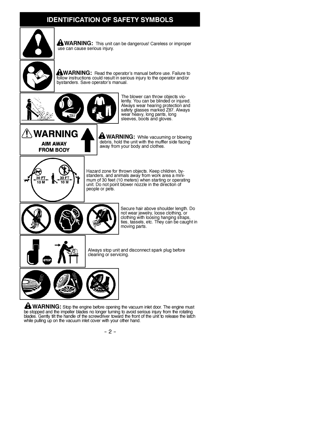 McCulloch 115376927, 966625101, MC200VS instruction manual Identification of Safety Symbols 