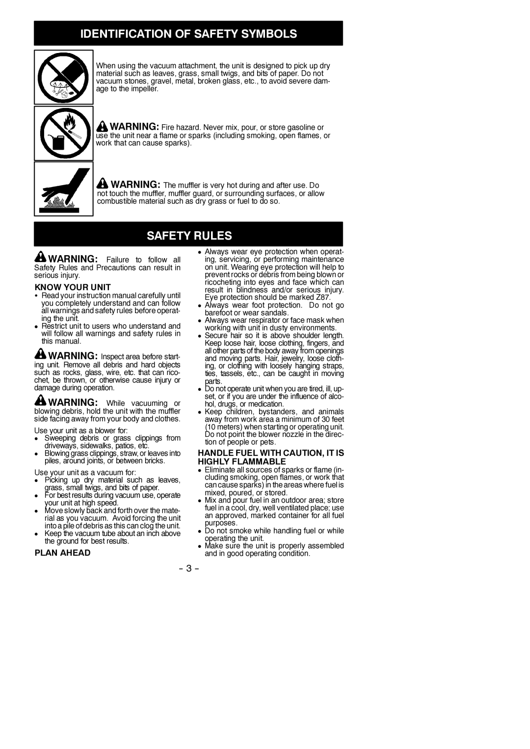 McCulloch 966625101, MC200VS Safety Rules, Know Your Unit, Plan Ahead, Handle Fuel with CAUTION, IT is Highly Flammable 