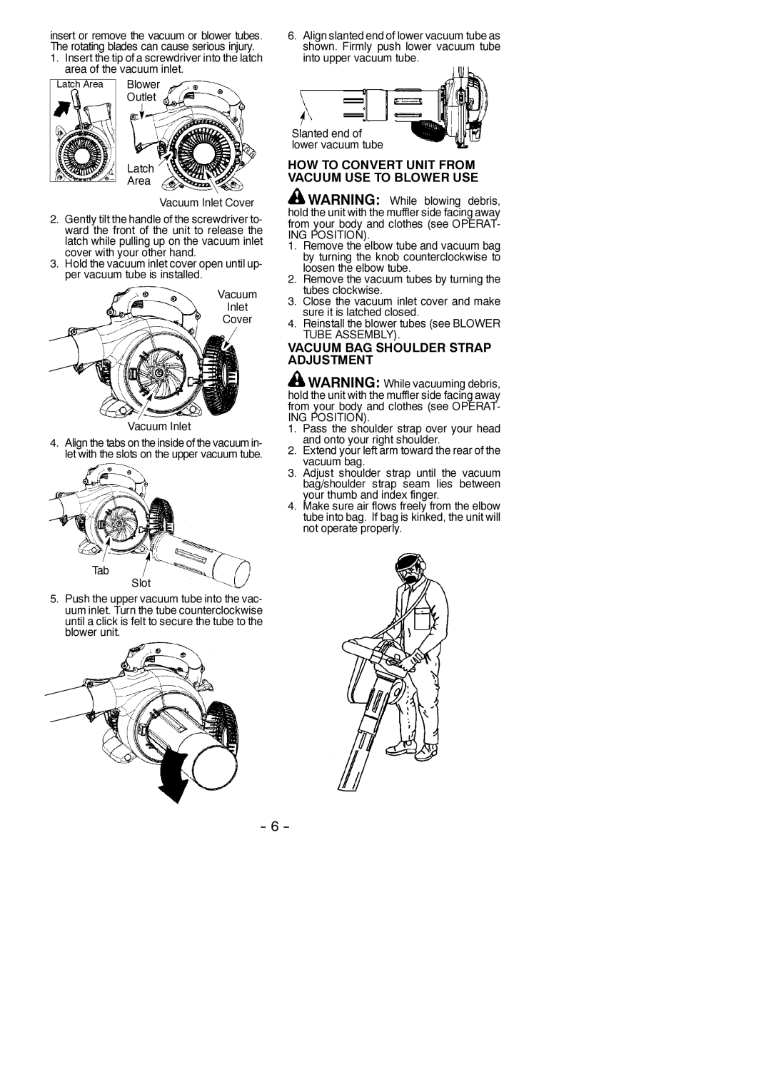 McCulloch 966625101 HOW to Convert Unit from Vacuum USE to Blower USE, Vacuum BAG Shoulder Strap Adjustment, ING Position 