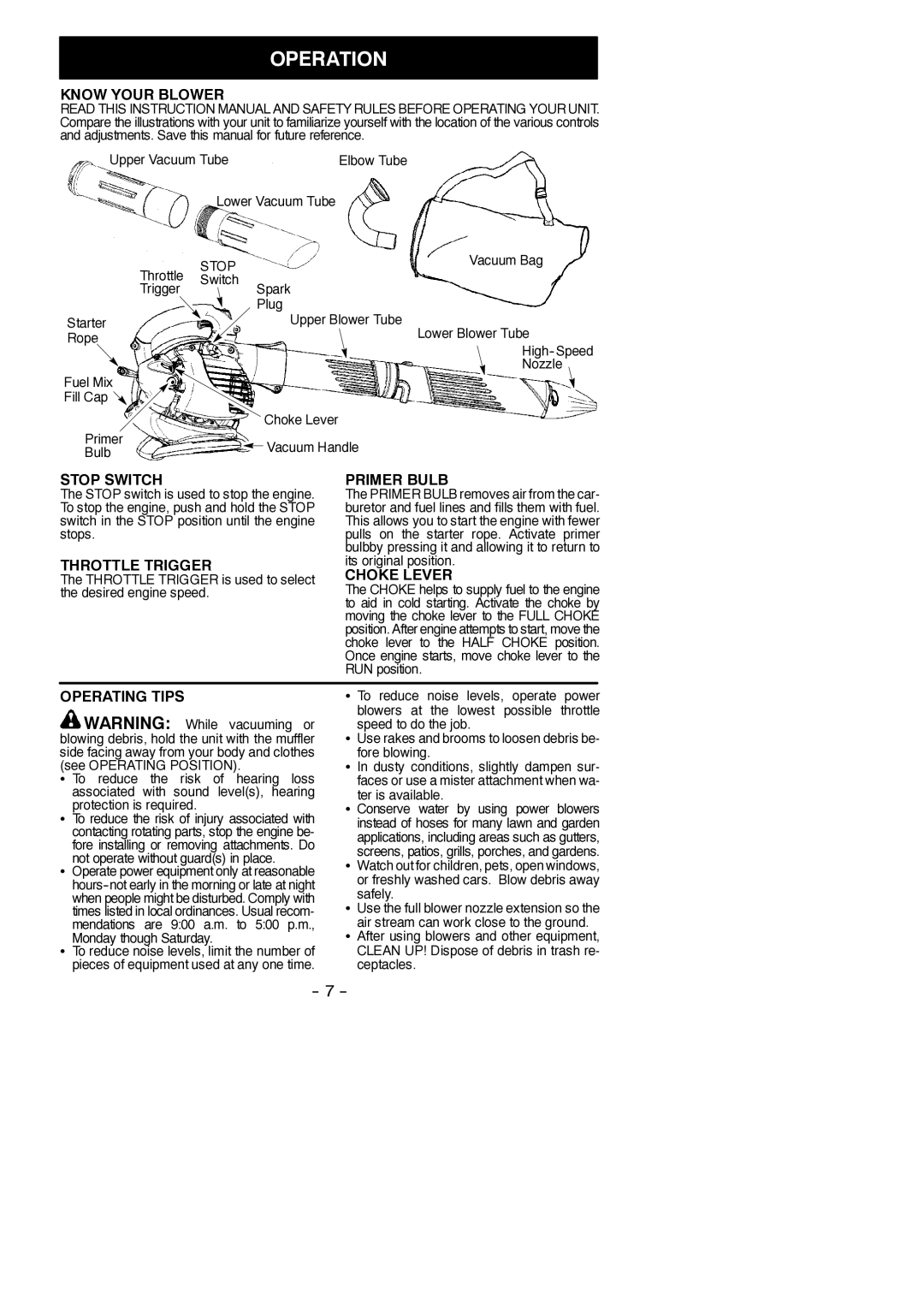 McCulloch MC200VS, 966625101, 115376927 instruction manual Operation 