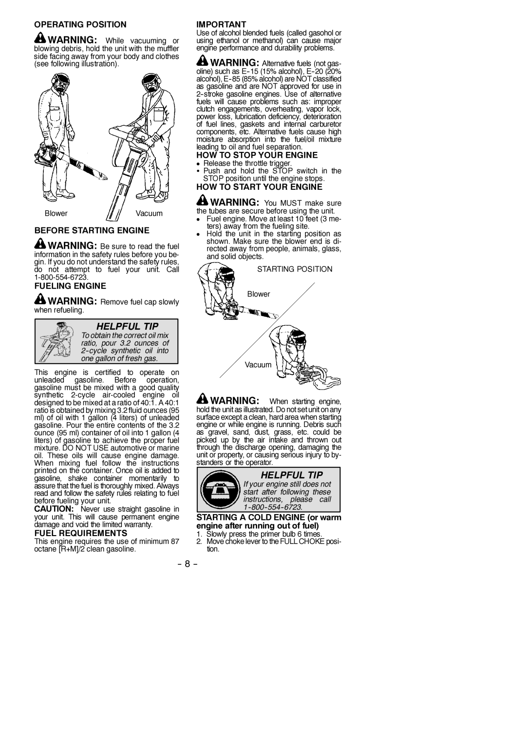 McCulloch 115376927 Operating Position, Before Starting Engine Fueling Engine, Fuel Requirements, HOW to Stop Your Engine 