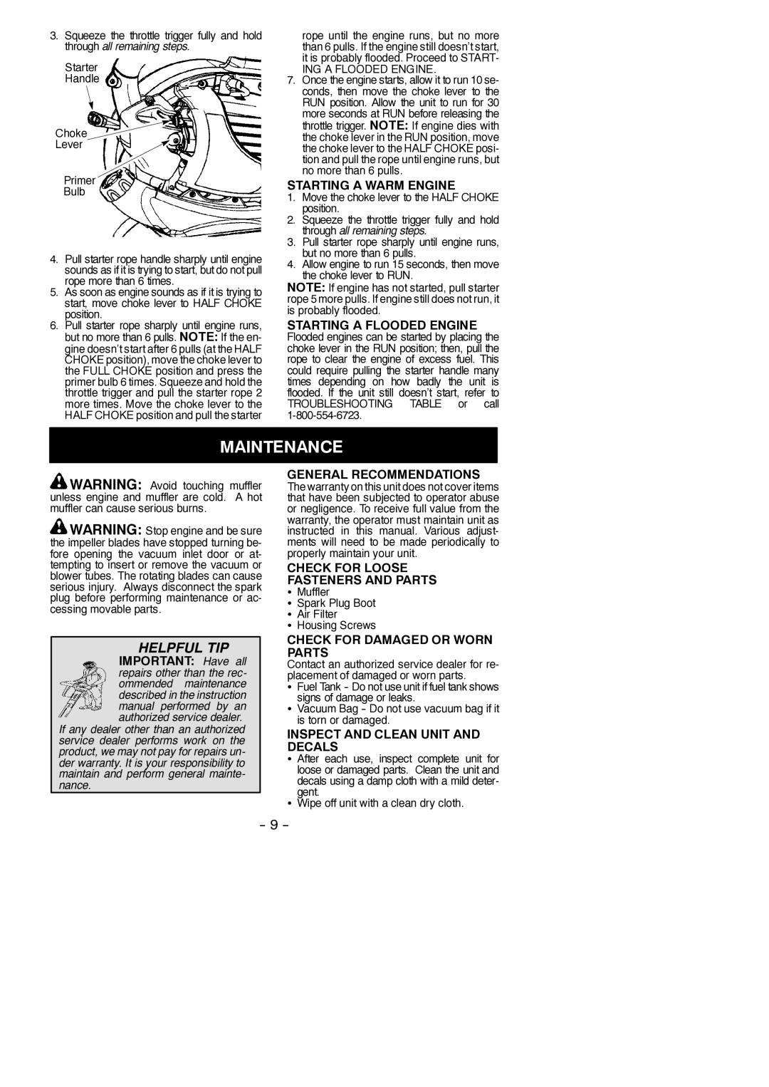 McCulloch 966625101, MC200VS, 115376927 instruction manual Maintenance 