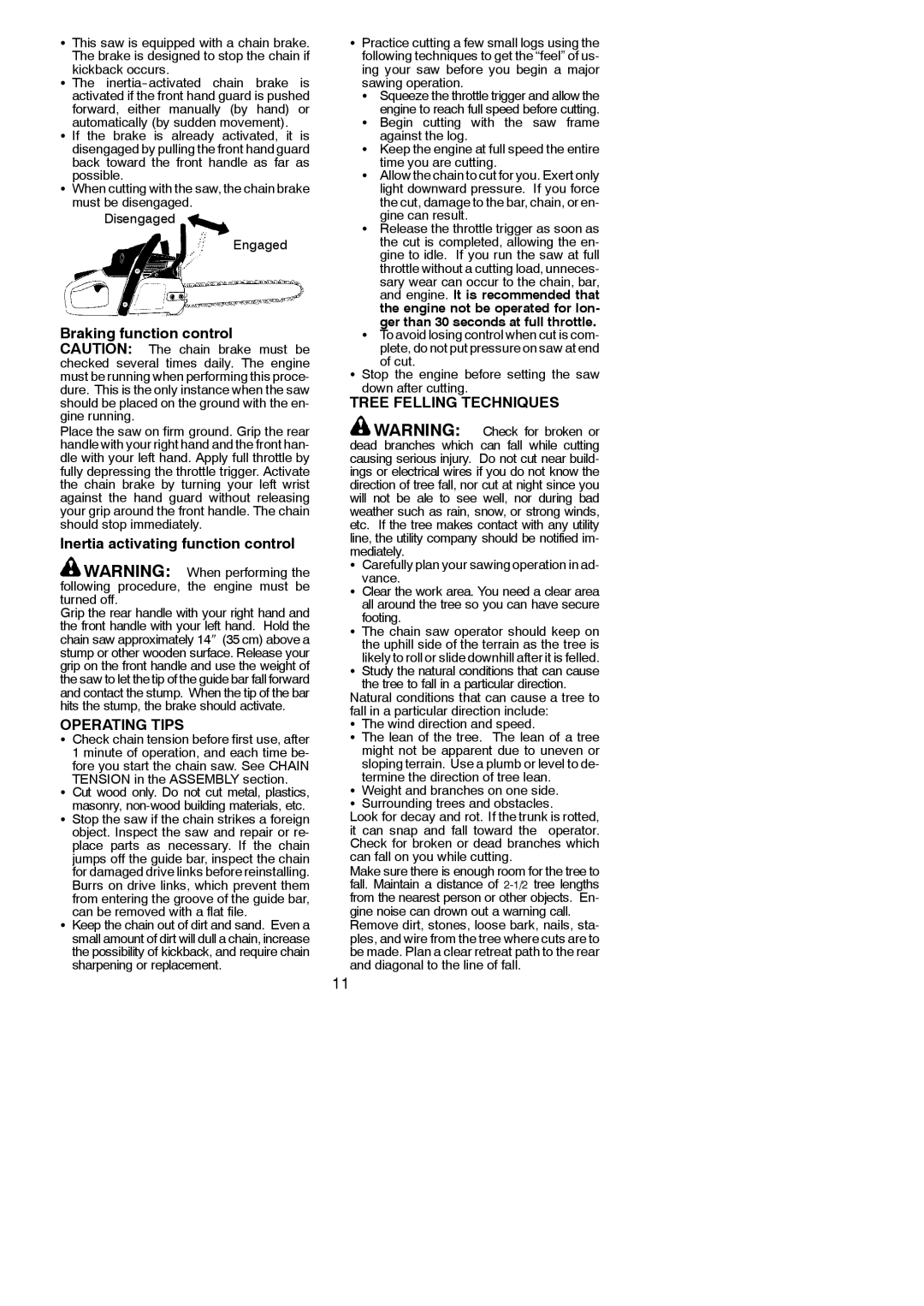 McCulloch 576600401, MC3516 Braking function control Caution The chain brake must be, Inertia activating function control 