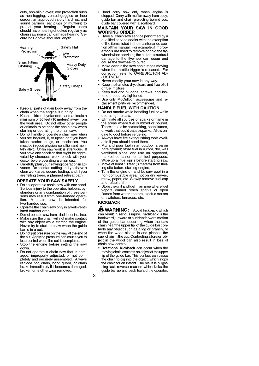 McCulloch 966625201 Operate Your SAW Safely, Maintain Your SAW in Good Working Order, Handle Fuel with Caution, Kickback 