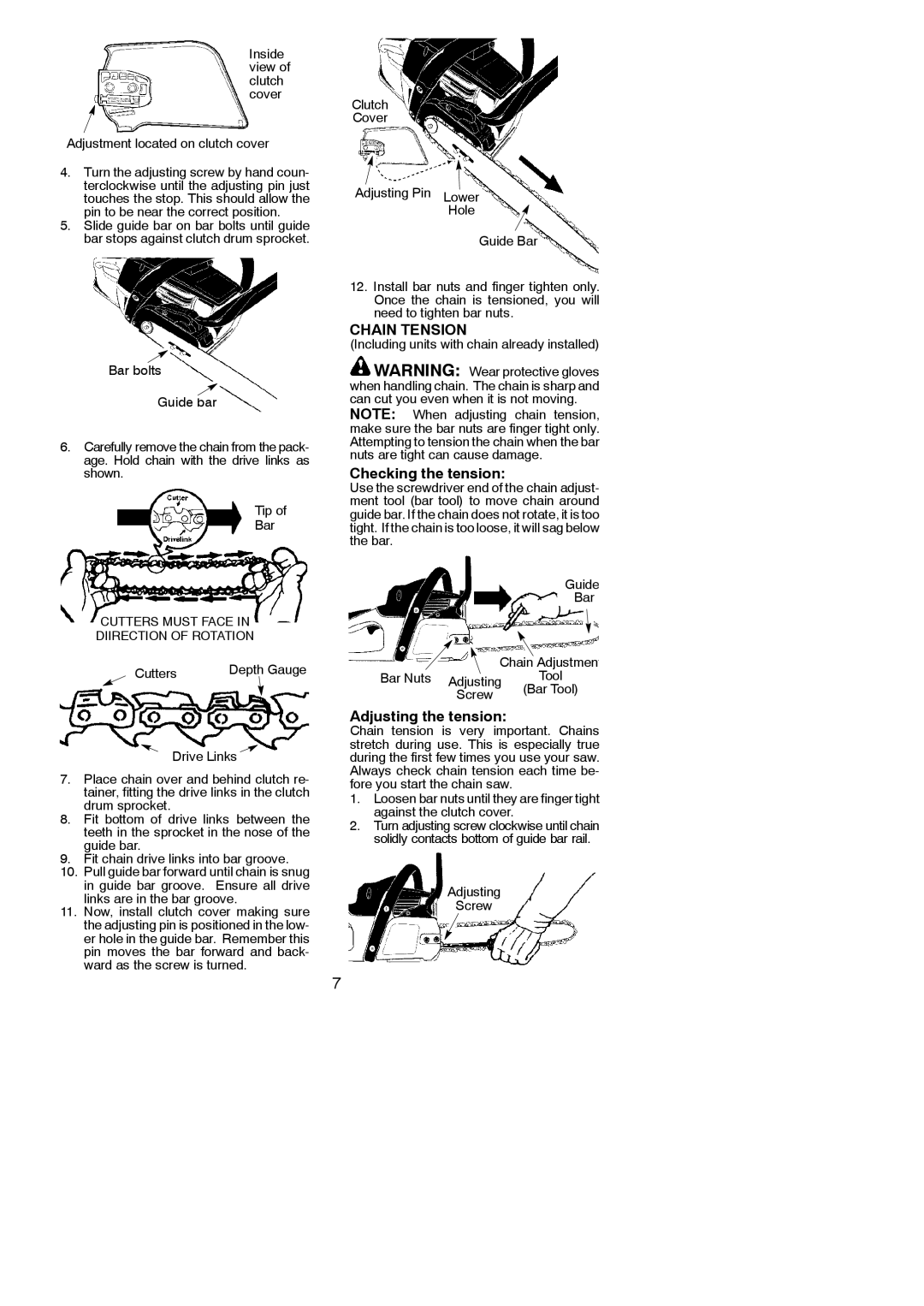 McCulloch MC3516, 966625201, 576600401 instruction manual Chain Tension, Checking the tension, Adjusting the tension 