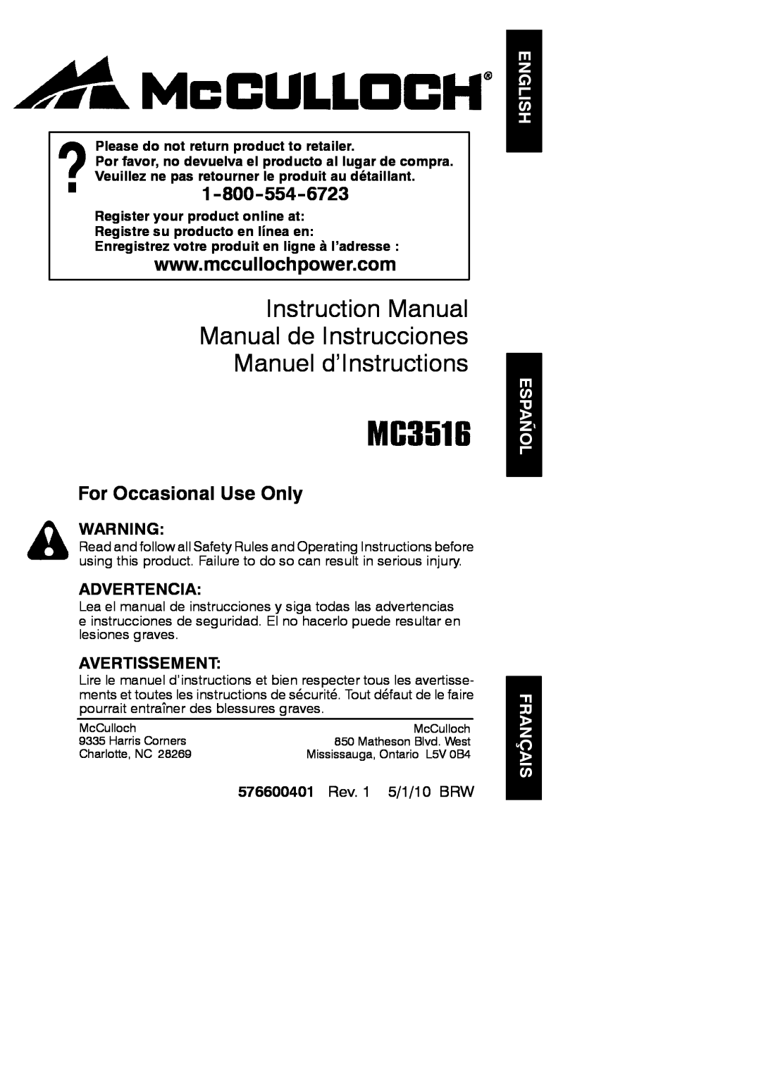 McCulloch MC3516 instruction manual English Español Français, For Occasional Use Only, Advertencia, Avertissement 