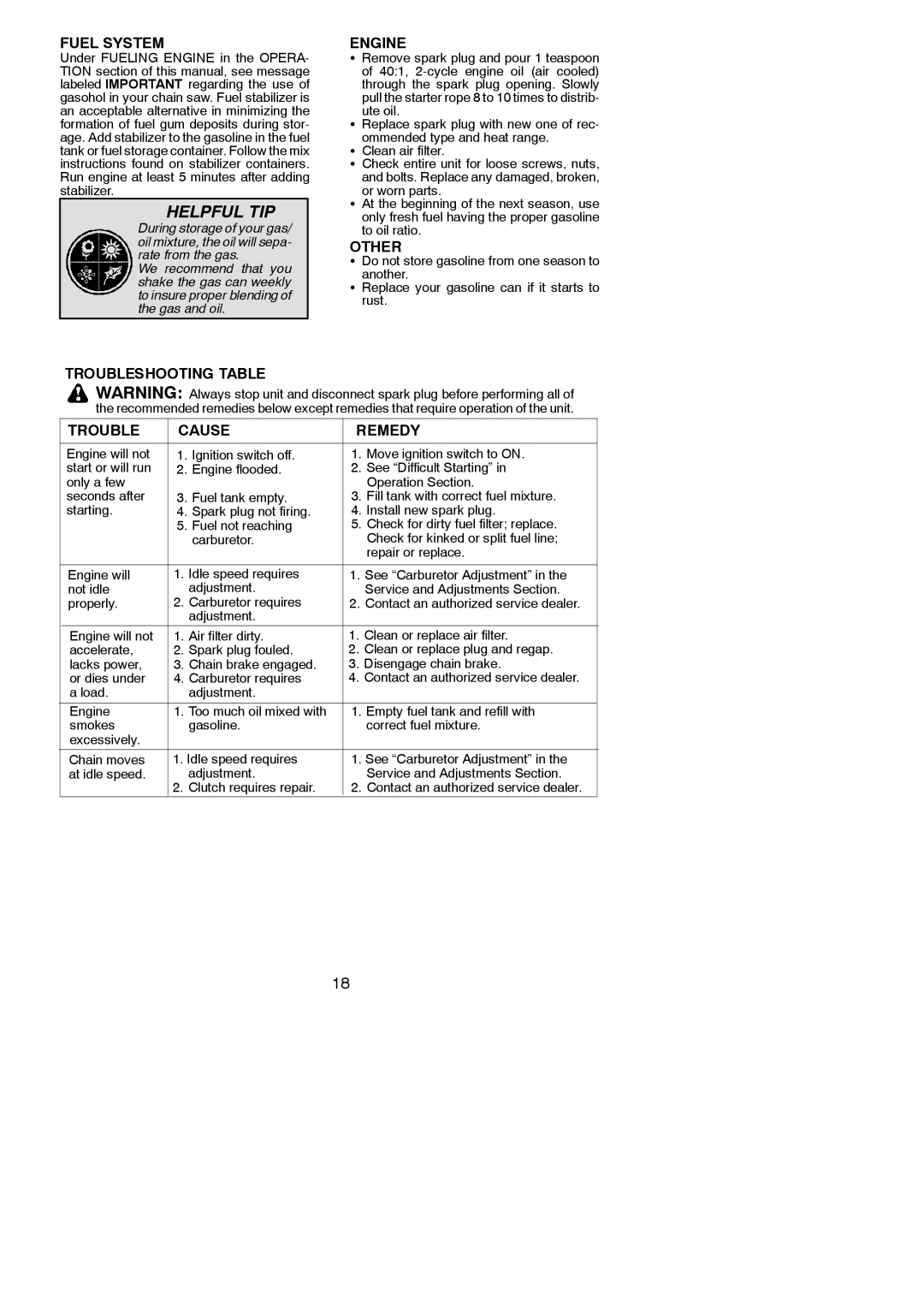 McCulloch 966625301, MC4218AV, 115377027 instruction manual Fuel System, Other, Load Adjustment Engine 