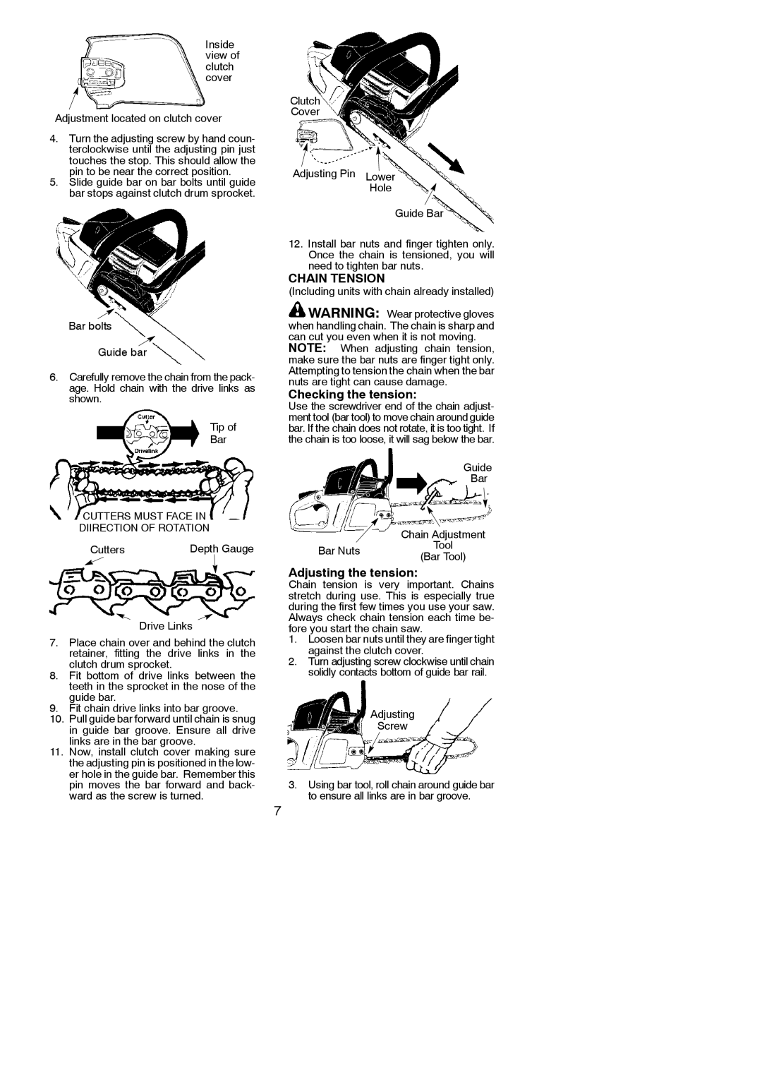 McCulloch MC4218AV, 966625301, 115377027 instruction manual Chain Tension, Checking the tension, Adjusting the tension 