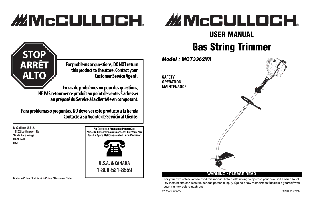 McCulloch MCT3362VA, 966992201, 9096336202 manual Stop, Usa 