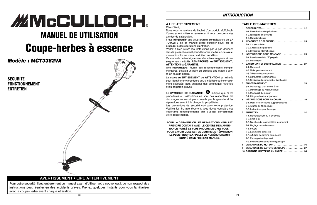 McCulloch 9096336202, 966992201, MCT3362VA manual Introduction, Table DES Matieres 