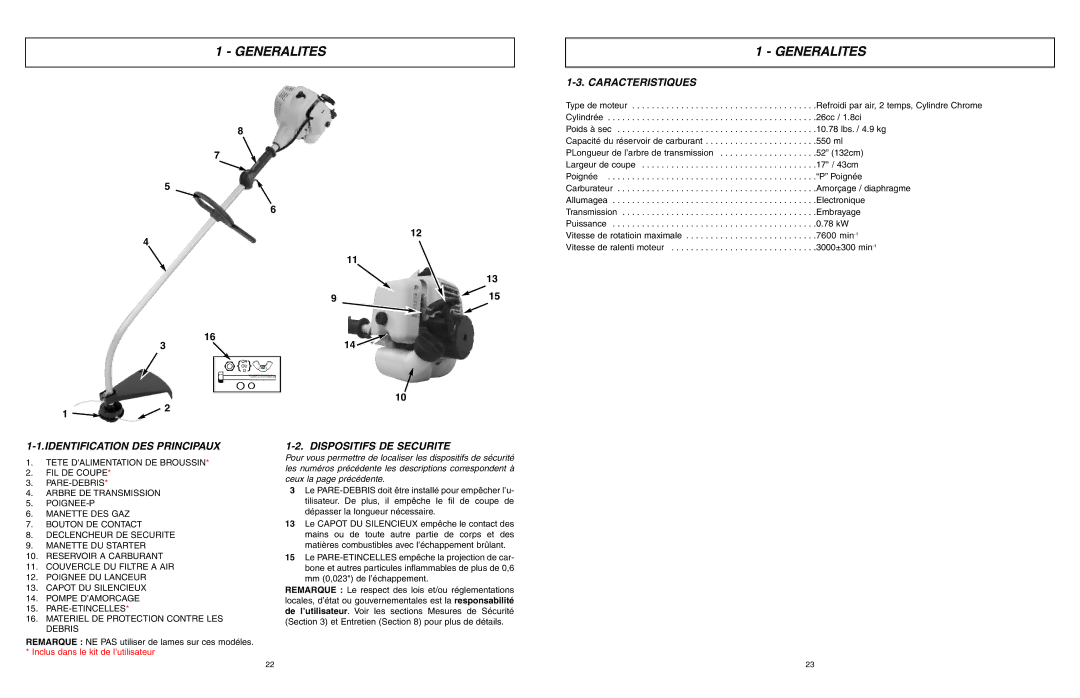 McCulloch 966992201, MCT3362VA manual Generalites, Caracteristiques, Identification DES Principaux, Dispositifs DE Securite 