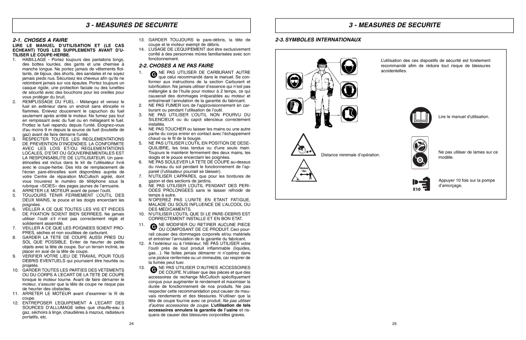 McCulloch MCT3362VA, 966992201 manual Measures DE Securite, Choses a Faire, Choses a NE PAS Faire, Symboles Internationaux 